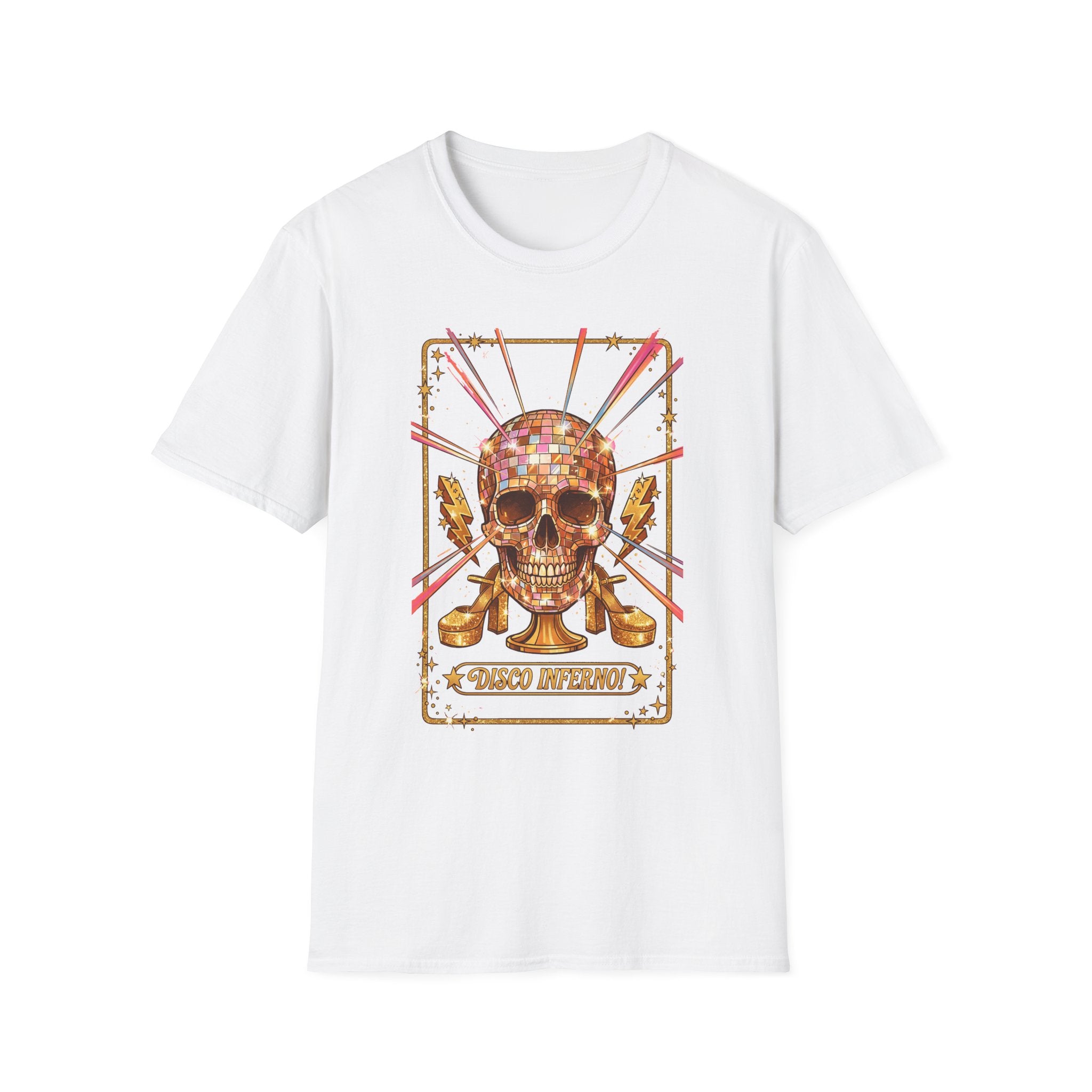Disco Inferno Skull T-Shirt, white—skull with disco ball and “Disco Inferno” graphic