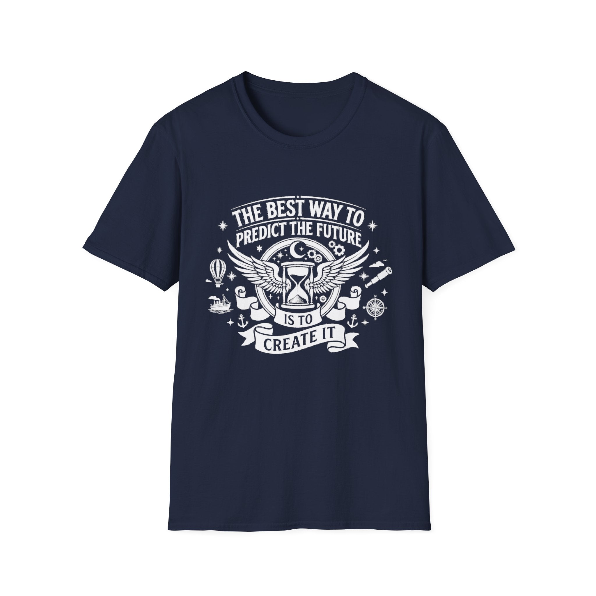 Navy T-shirt with winged 'Create It' quote graphic on front