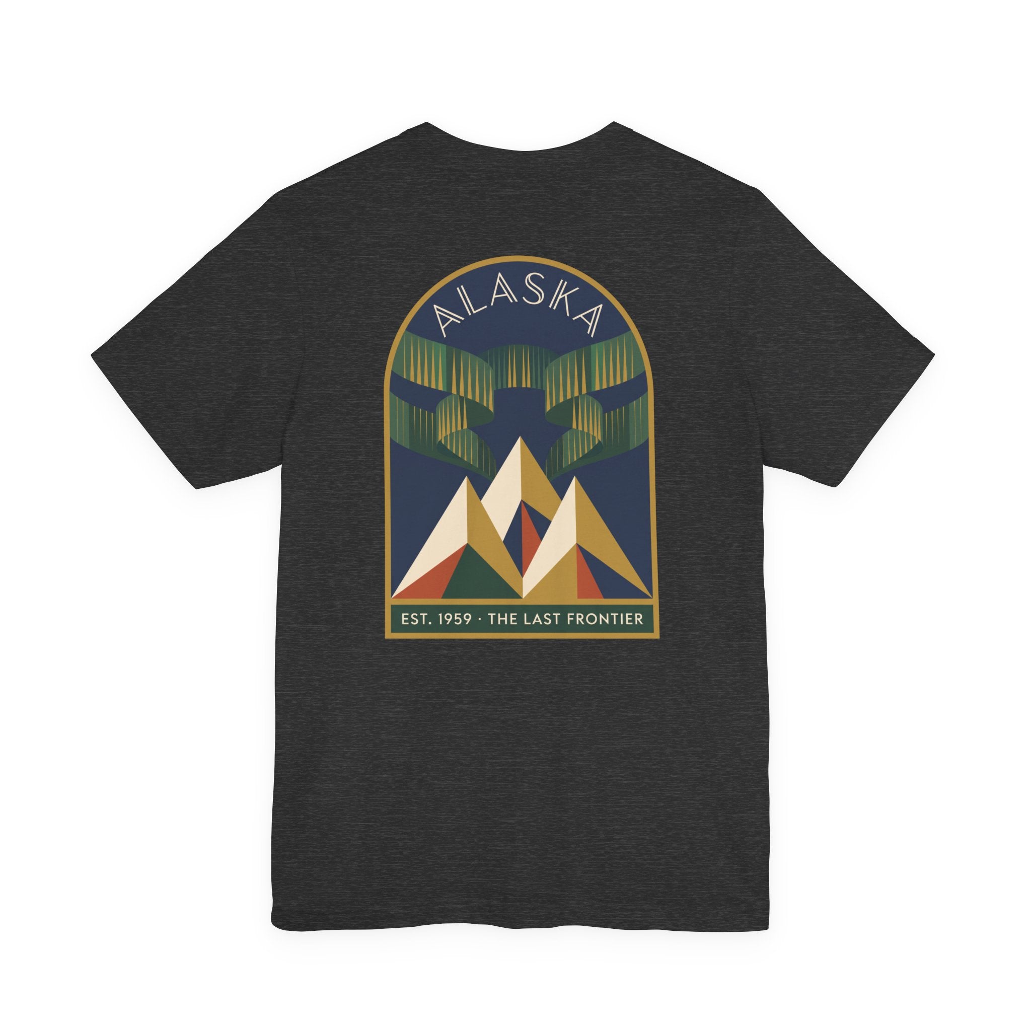 Black heather graphic T-shirt with Alaska aurora badge and mountain design