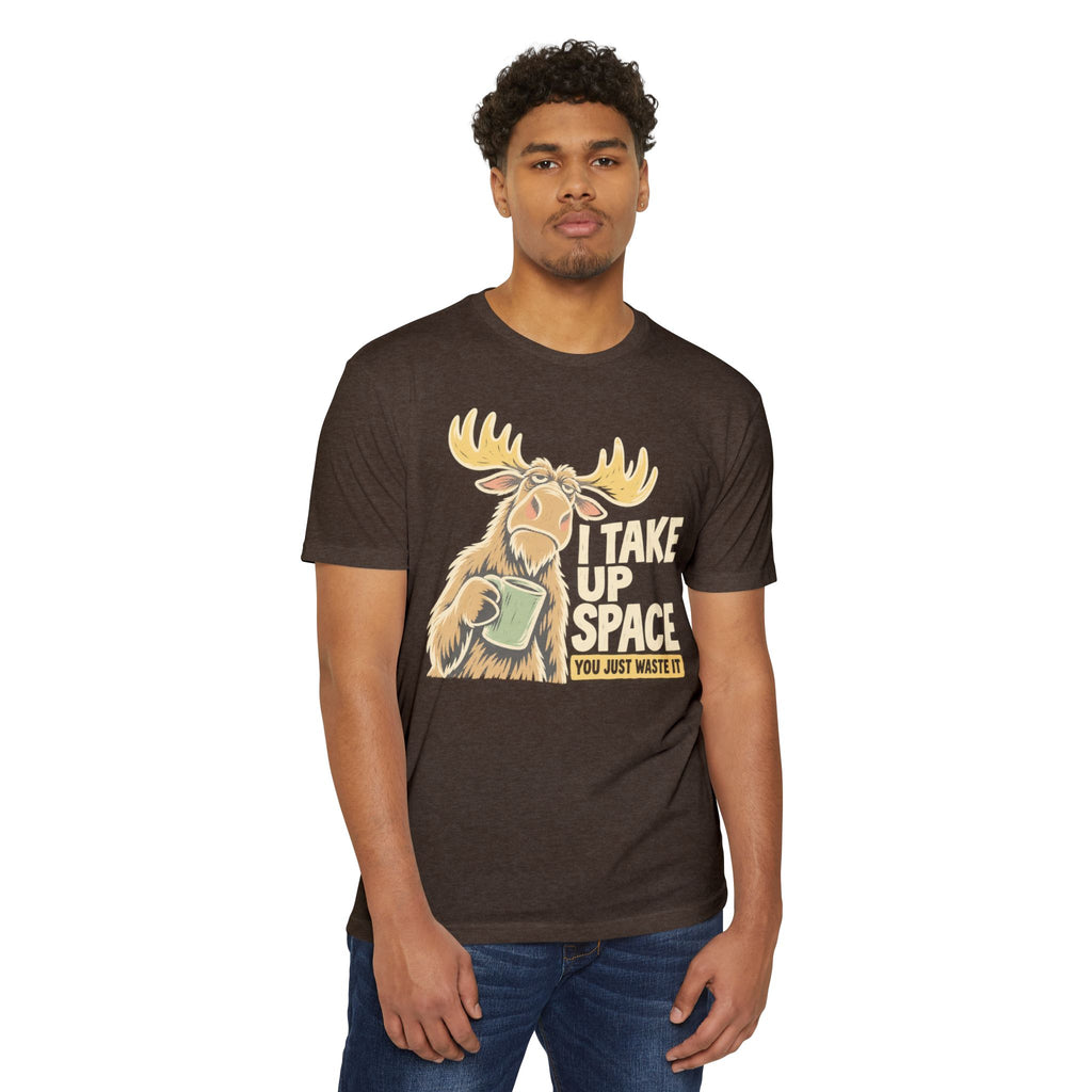 Dark brown crew-neck T-shirt with moose graphic and slogan print, worn by model