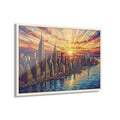 Framed acrylic skyline wall art with geometric sunset over a city and river