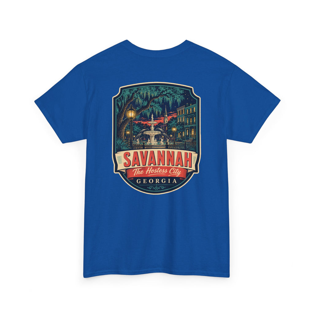 Royal blue Savannah city badge graphic T-shirt with short sleeves and crew neck.
