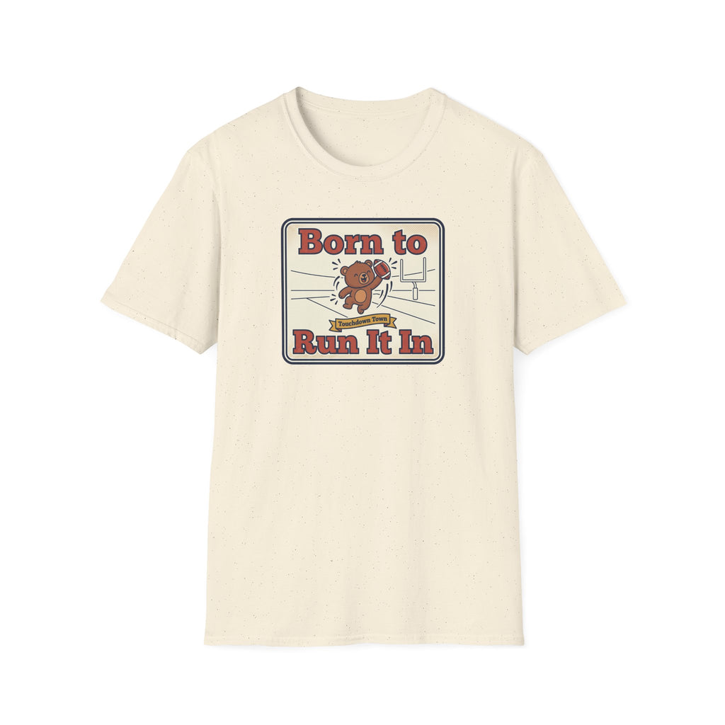 Natural cream T-shirt with 'Born to Run It In' bear running graphic