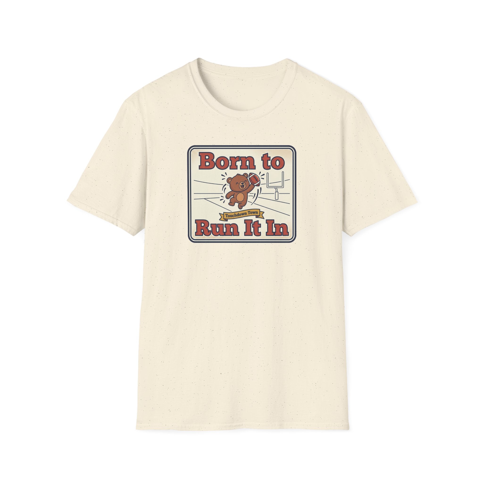 Natural cream T-shirt with 'Born to Run It In' bear running graphic