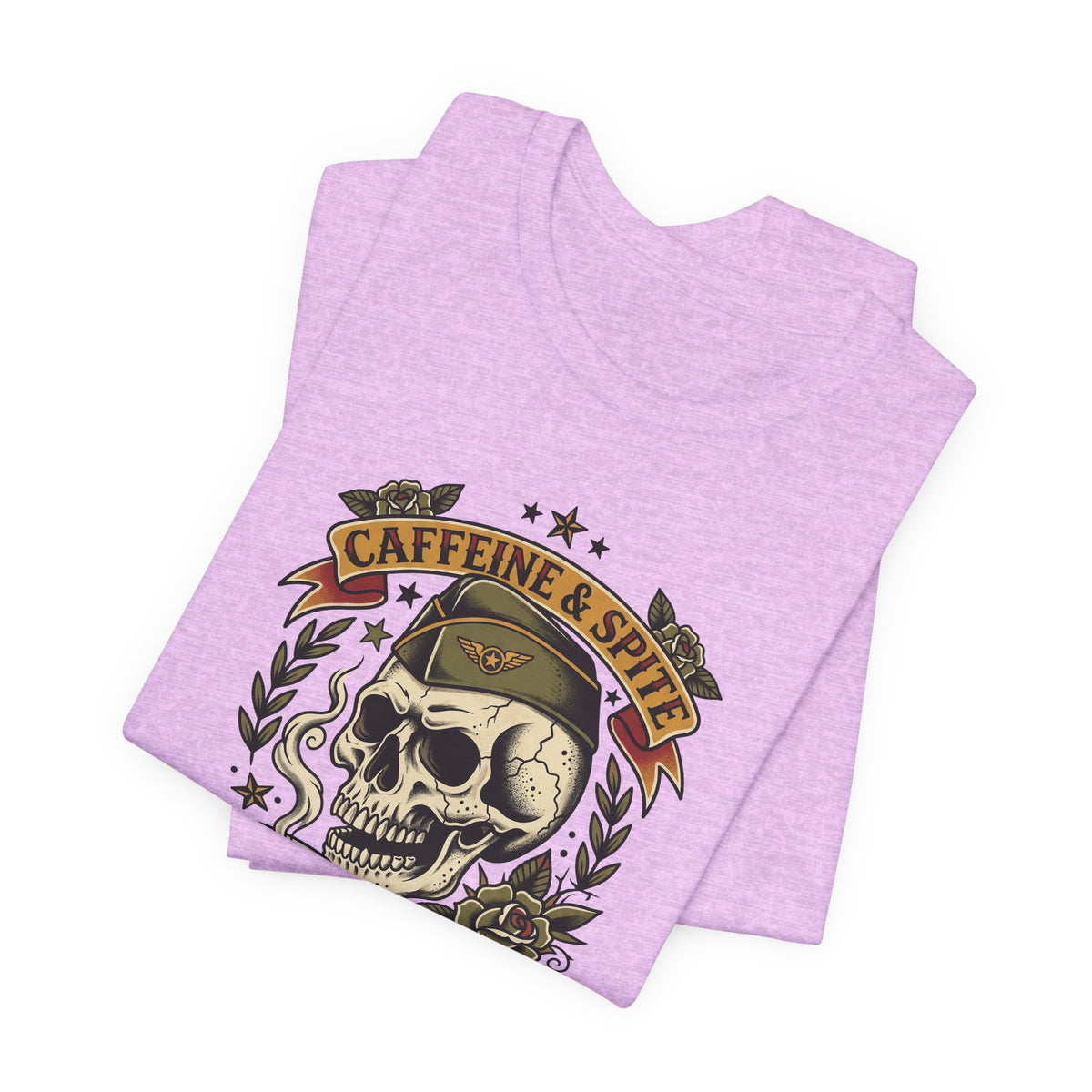 Light purple T-shirt with vintage skull logo, “Caffeine & Spite” and coffee mug