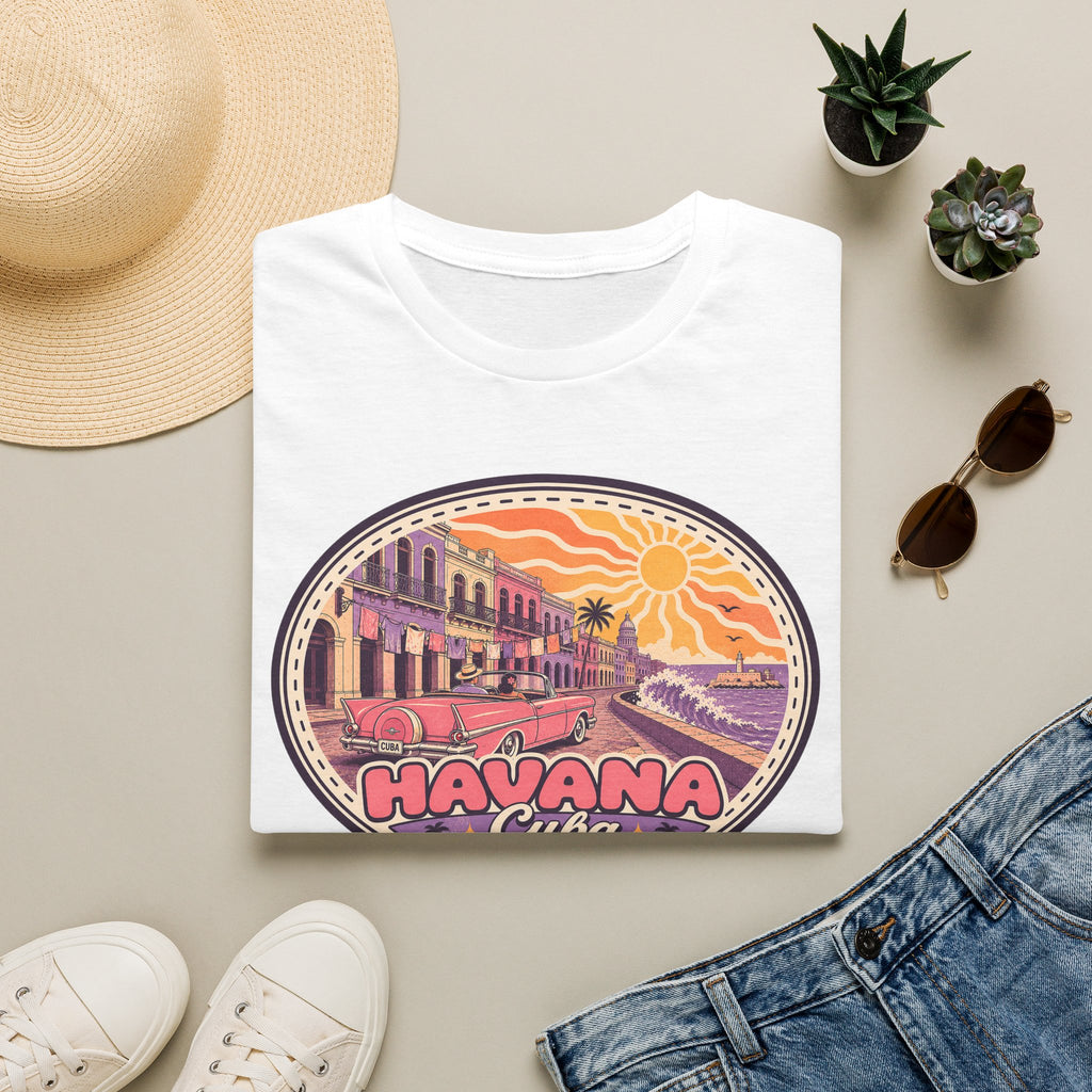White crewneck T-shirt with Havana sunset street graphic