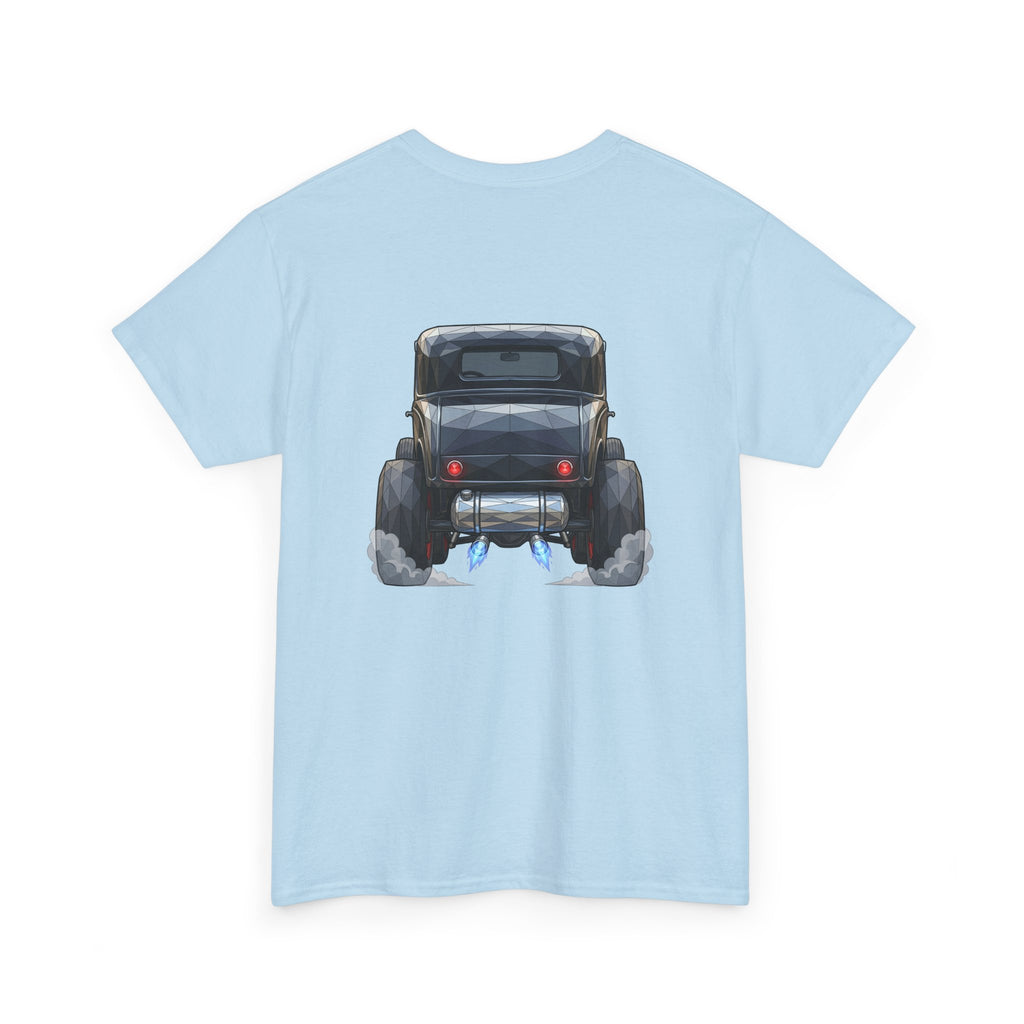 Light blue graphic T-shirt with vintage hot rod front illustration and smoke