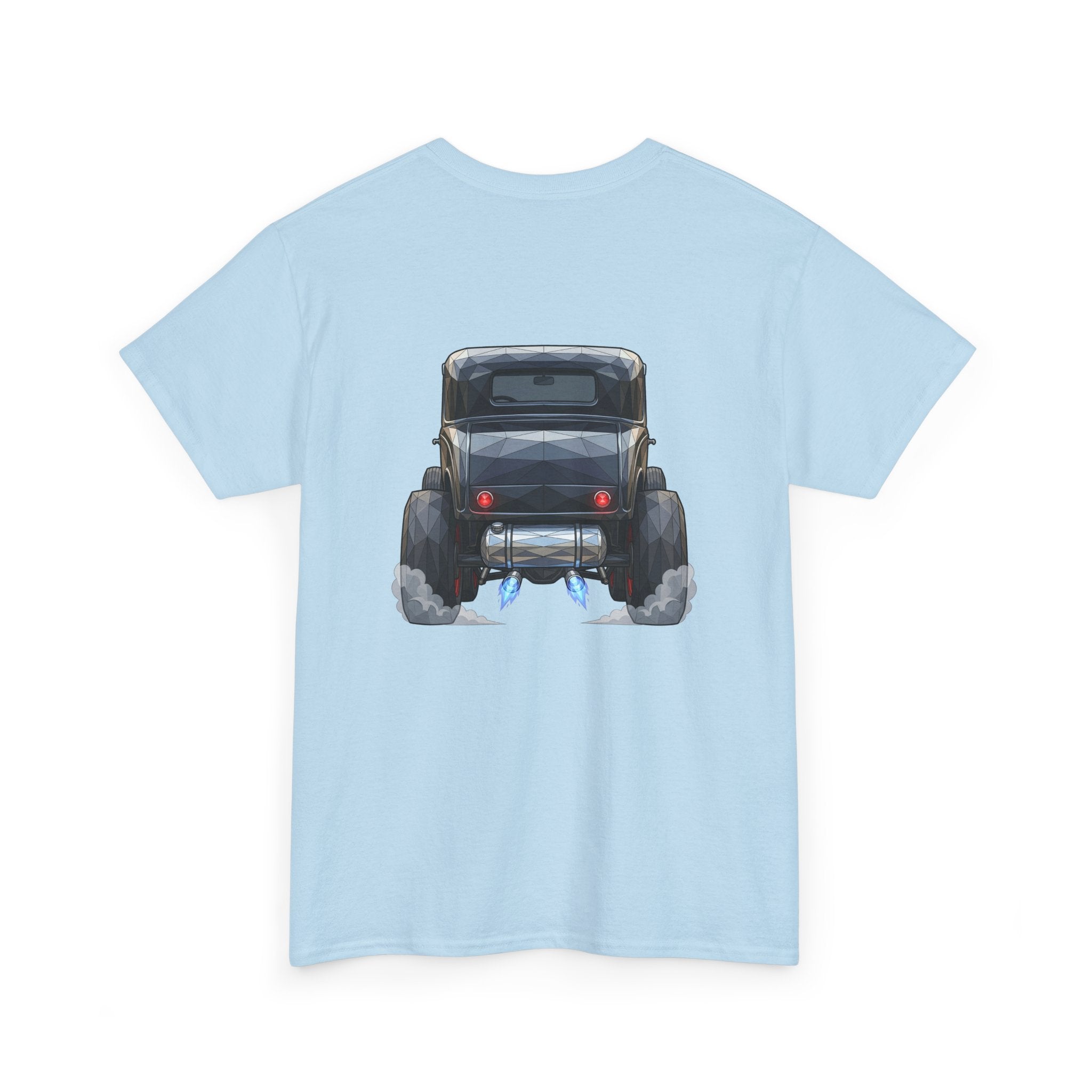 Light blue graphic T-shirt with vintage hot rod front illustration and smoke