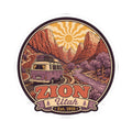 Zion Utah kiss-cut style sticker with purple camper van, canyon landscape, and 'ZION Utah' lettering