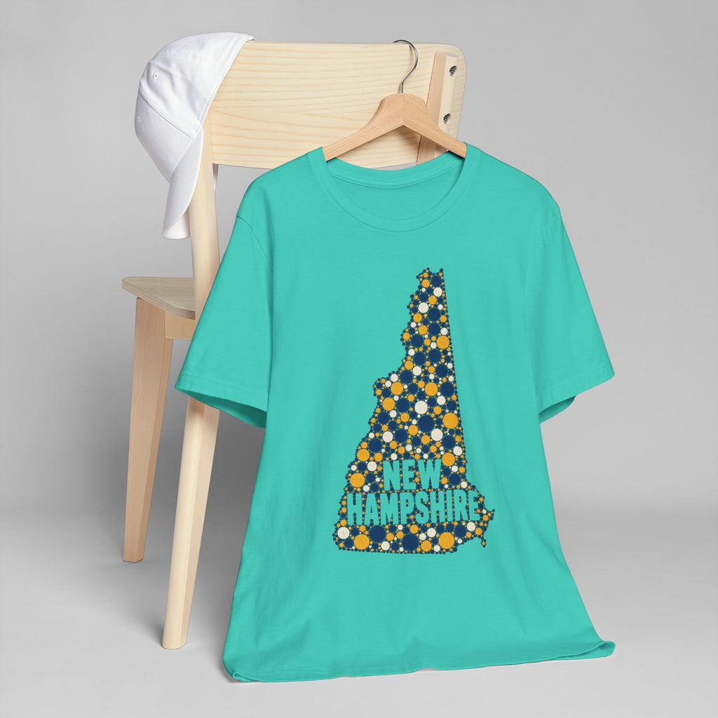 Teal t-shirt with floral New Hampshire outline and "NEW HAMPSHIRE" text