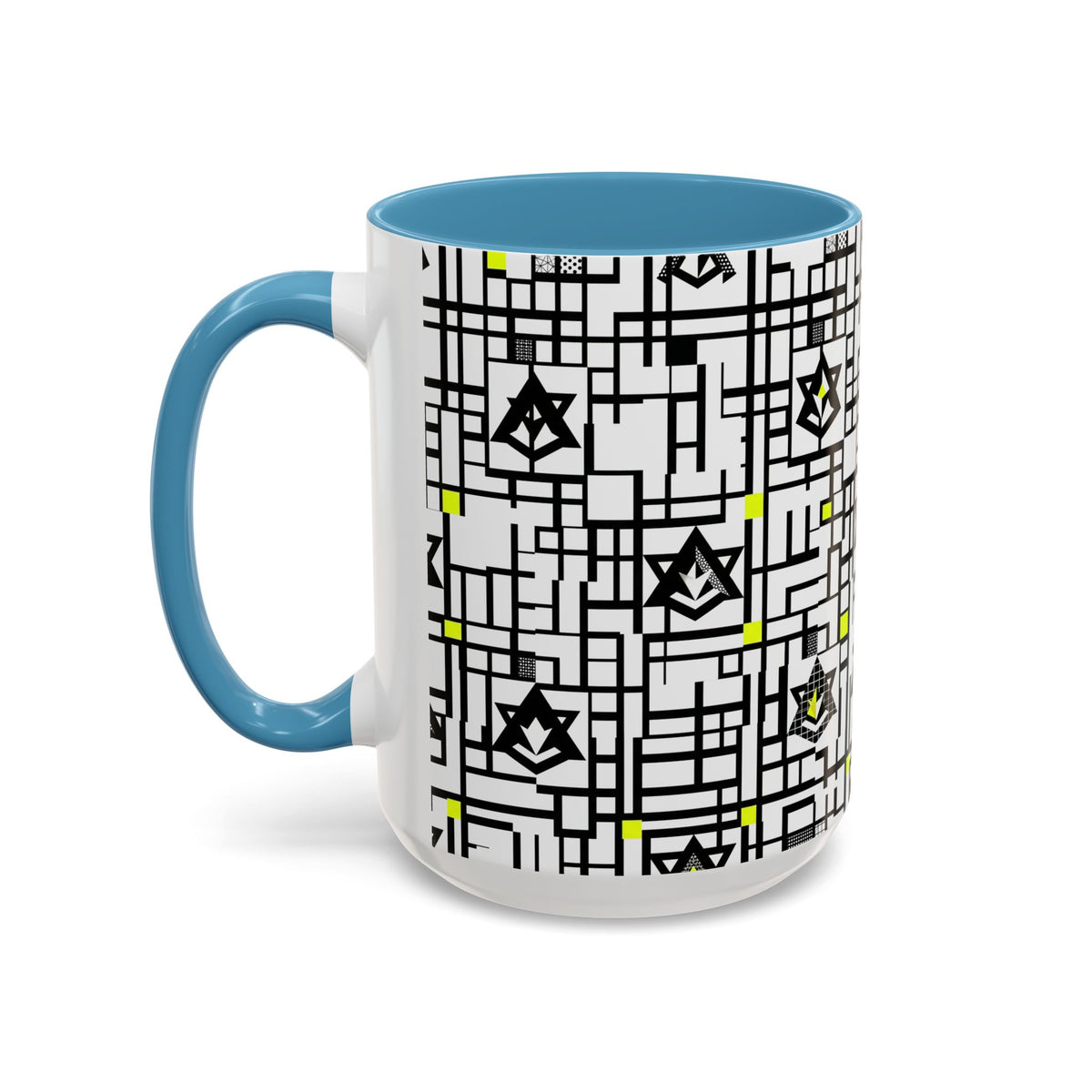Geometric star grid mug with light blue handle, black grid and star pattern on white