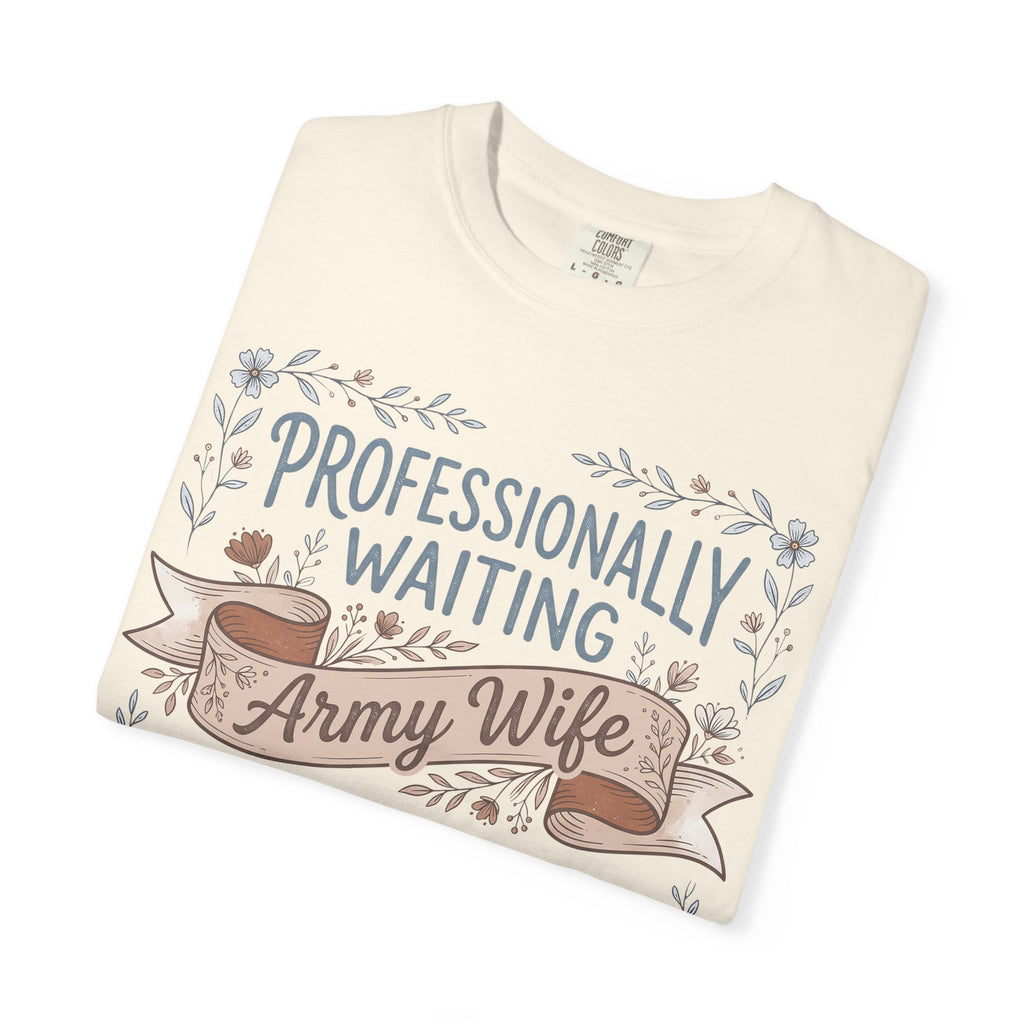 Cream t-shirt with floral 'Professionally Waiting' text and ribbon graphic