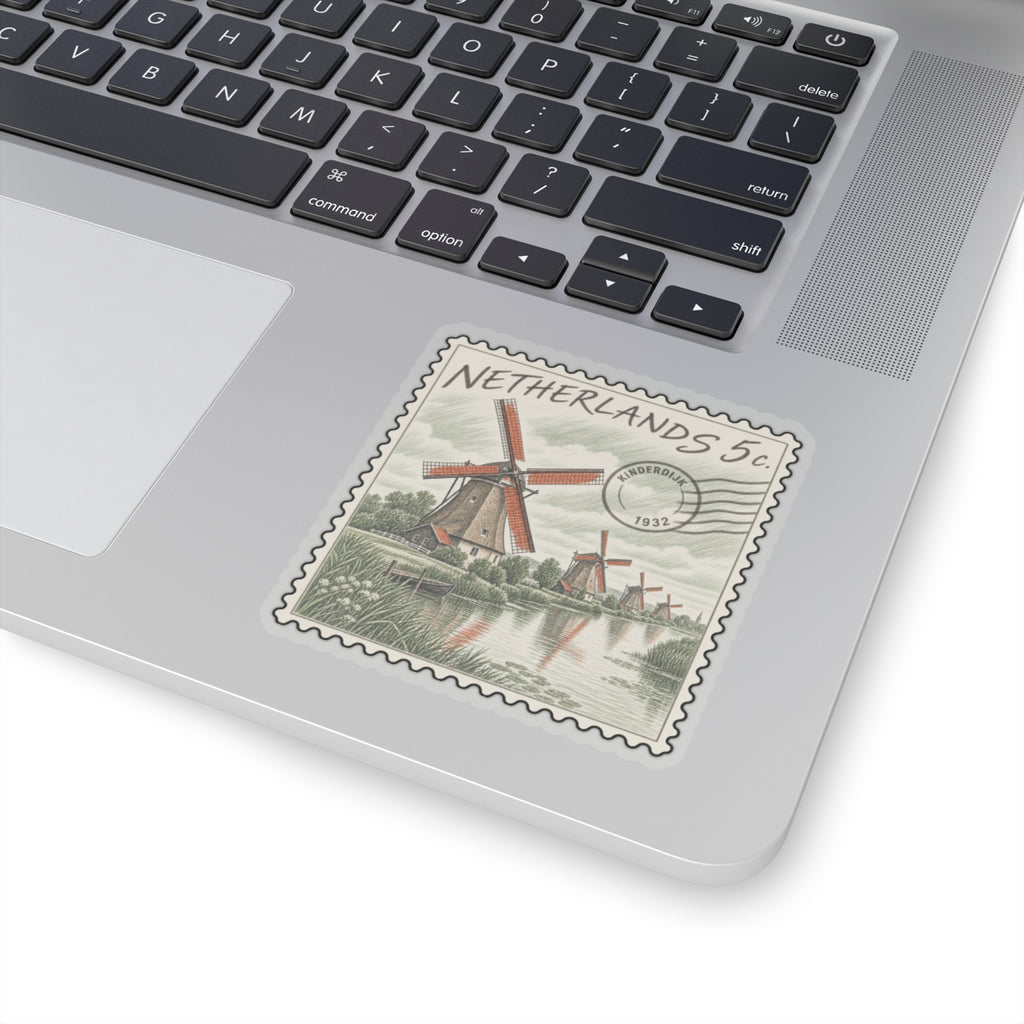 Stamp-style Netherlands 5c sticker with windmill, landscape details, and scalloped border