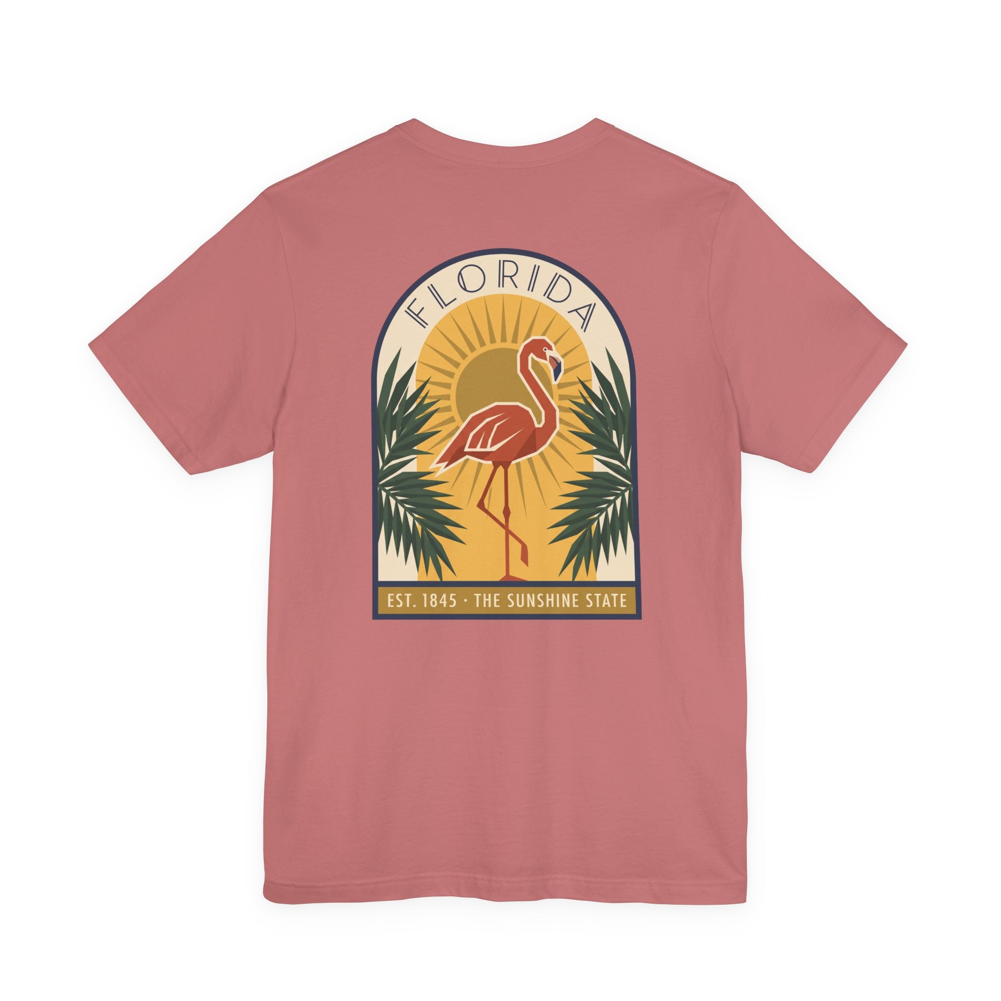 Mauve flamingo art deco T-shirt with Florida badge and palm graphic