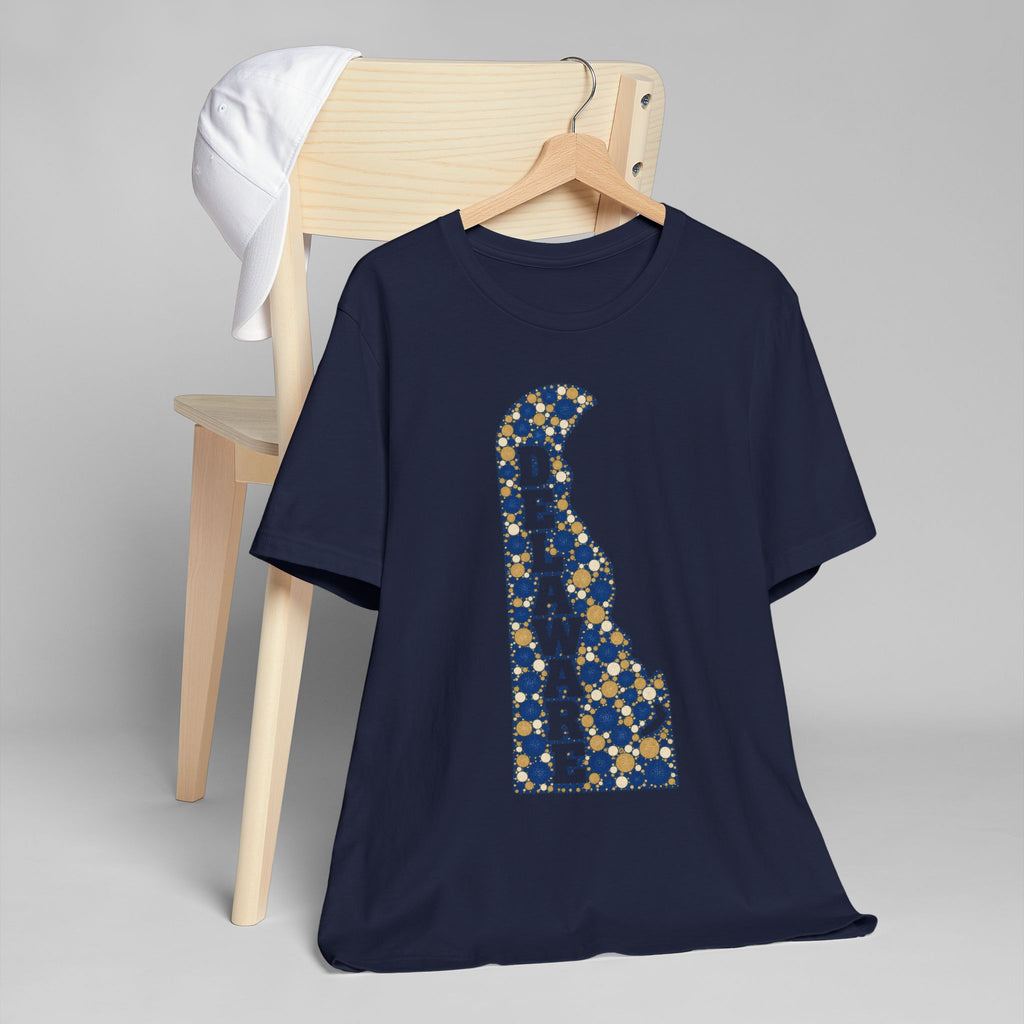 Navy crew-neck t-shirt with blue-and-gold Delaware map letter graphic