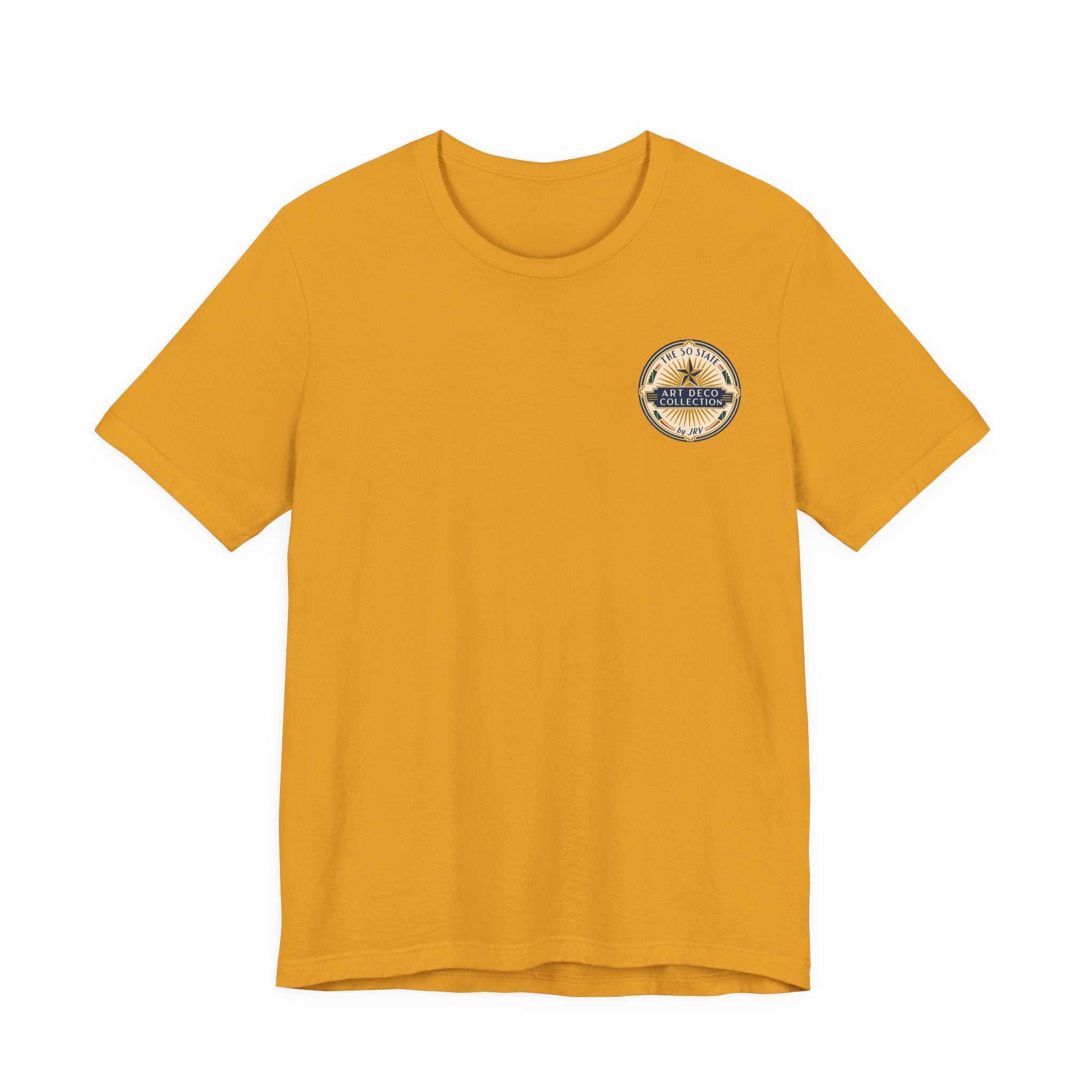 Mustard-yellow T-shirt with small circular aviation logo on left chest