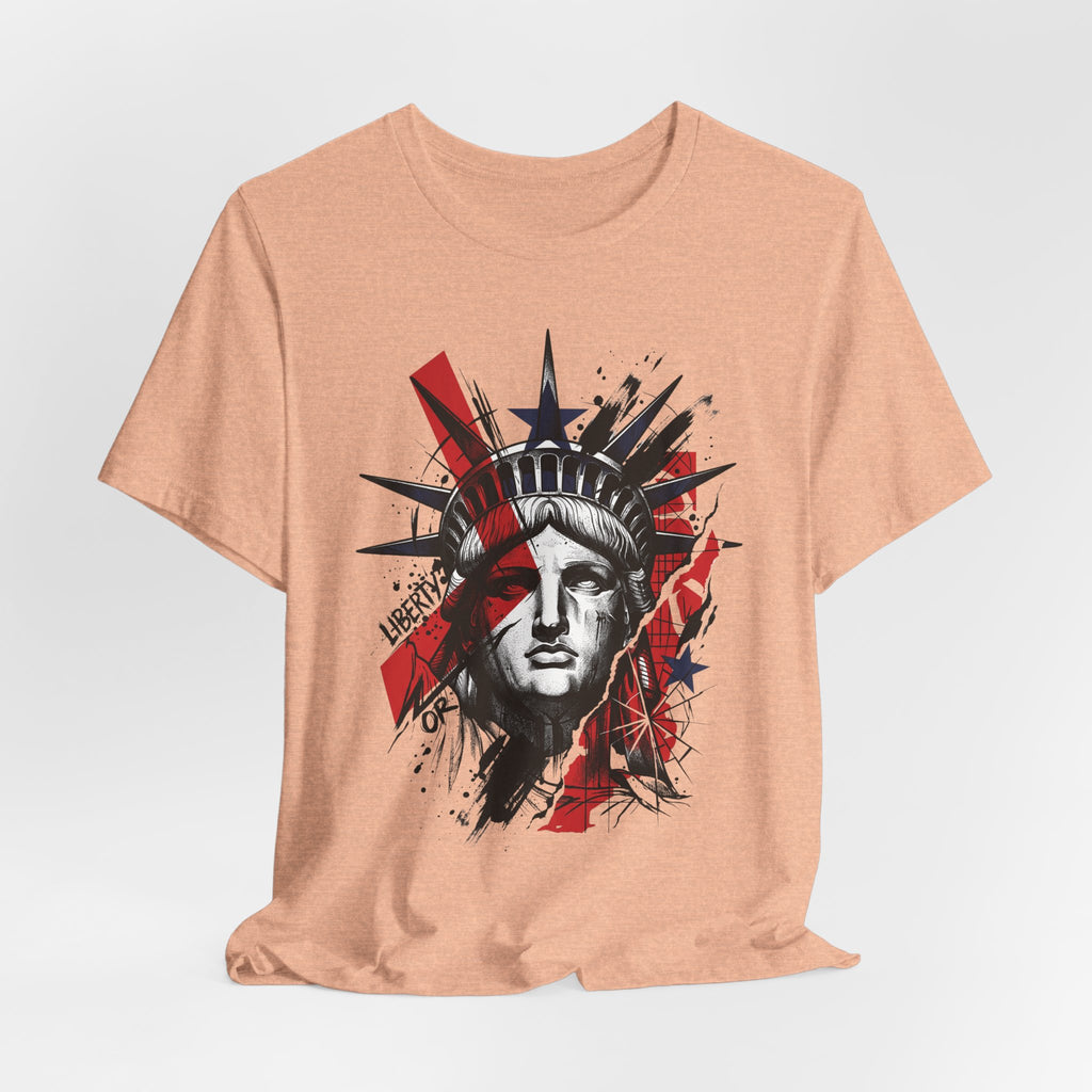 Peach graphic T-shirt with Statue of Liberty face print in red and black