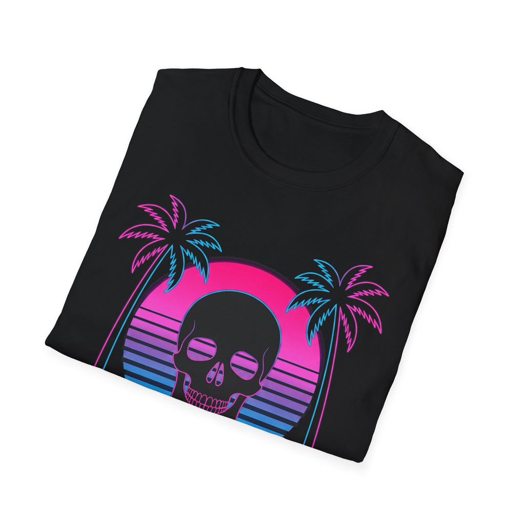 Vaporwave Skull Sunset T-Shirt in Black with skull and palm sunset design