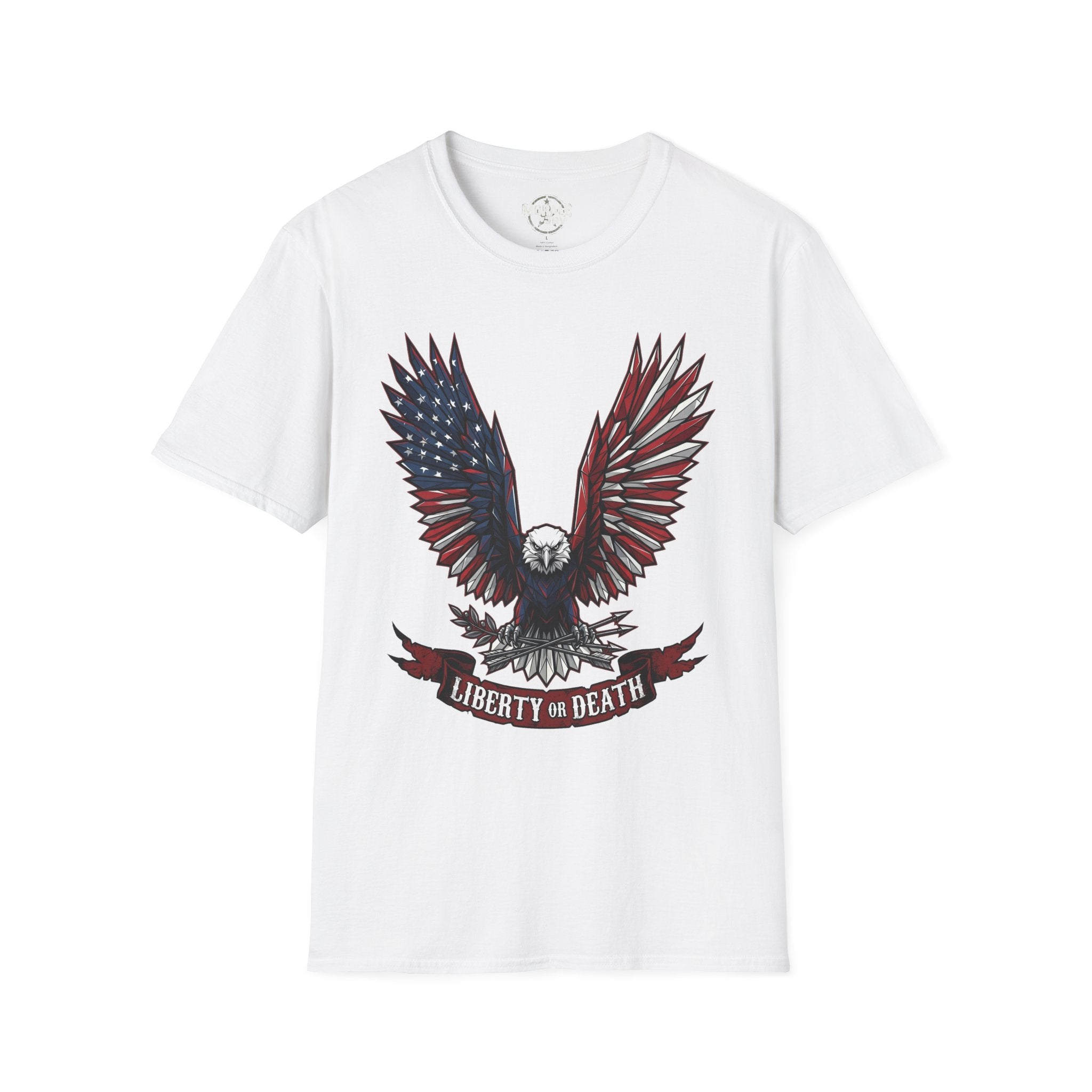 White T-shirt with patriotic eagle wings and “Liberty or Death” text