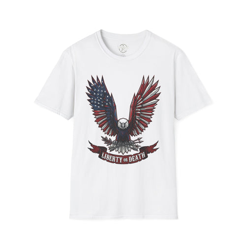 White T-shirt with patriotic eagle wings and “Liberty or Death” text