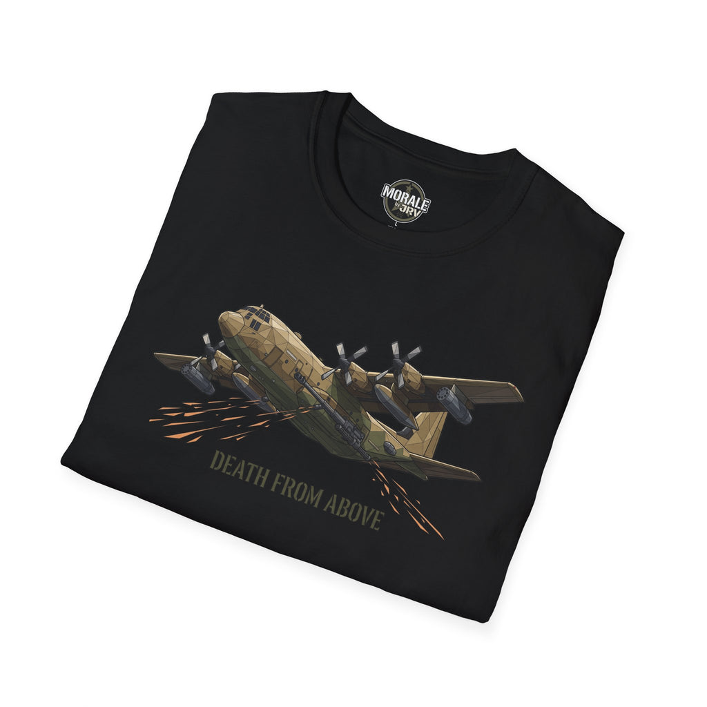 Black T-shirt with C-130 cargo plane graphic and “DEATH FROM ABOVE” text