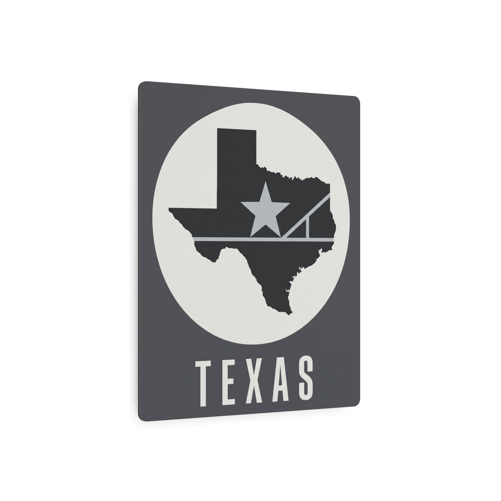 Dark gray Texas wall sign with circular background, star and state silhouette, TEXAS lettering