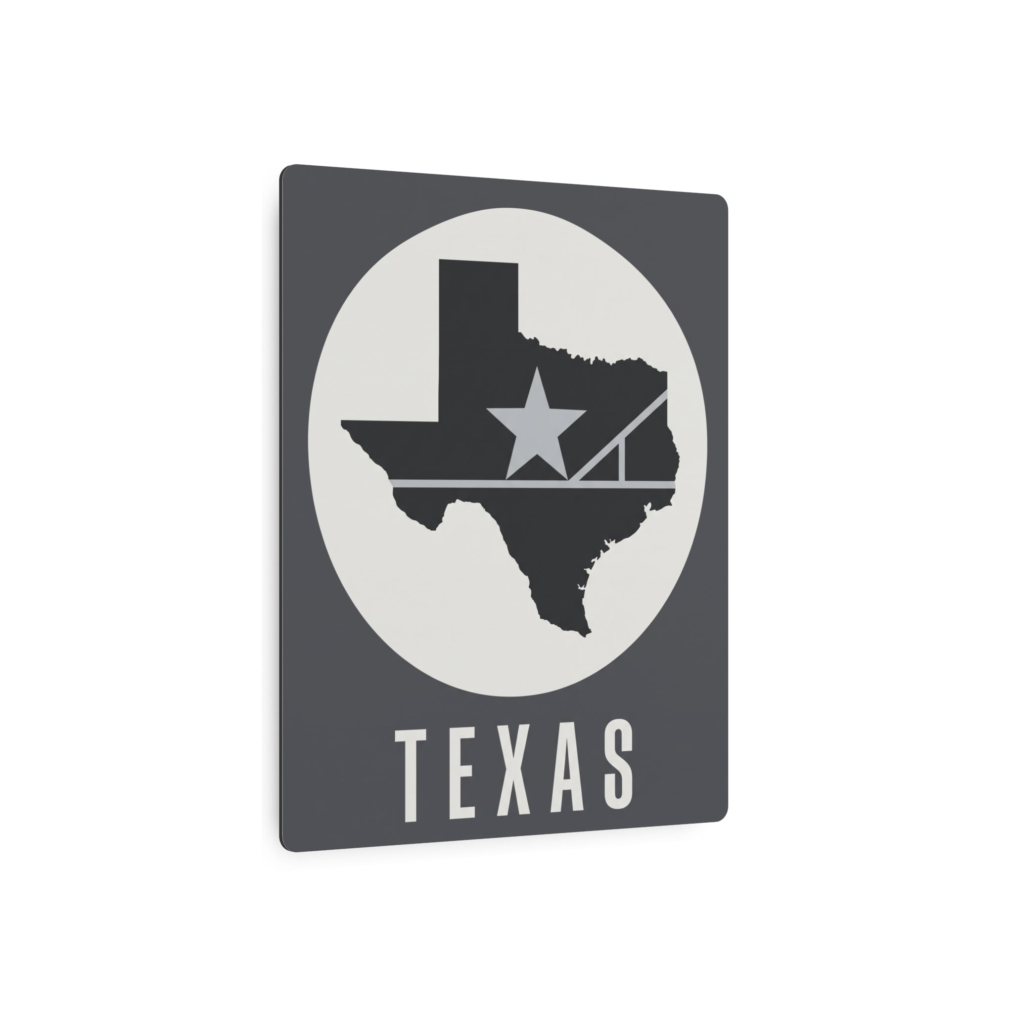 Dark gray Texas wall sign with circular background, star and state silhouette, TEXAS lettering