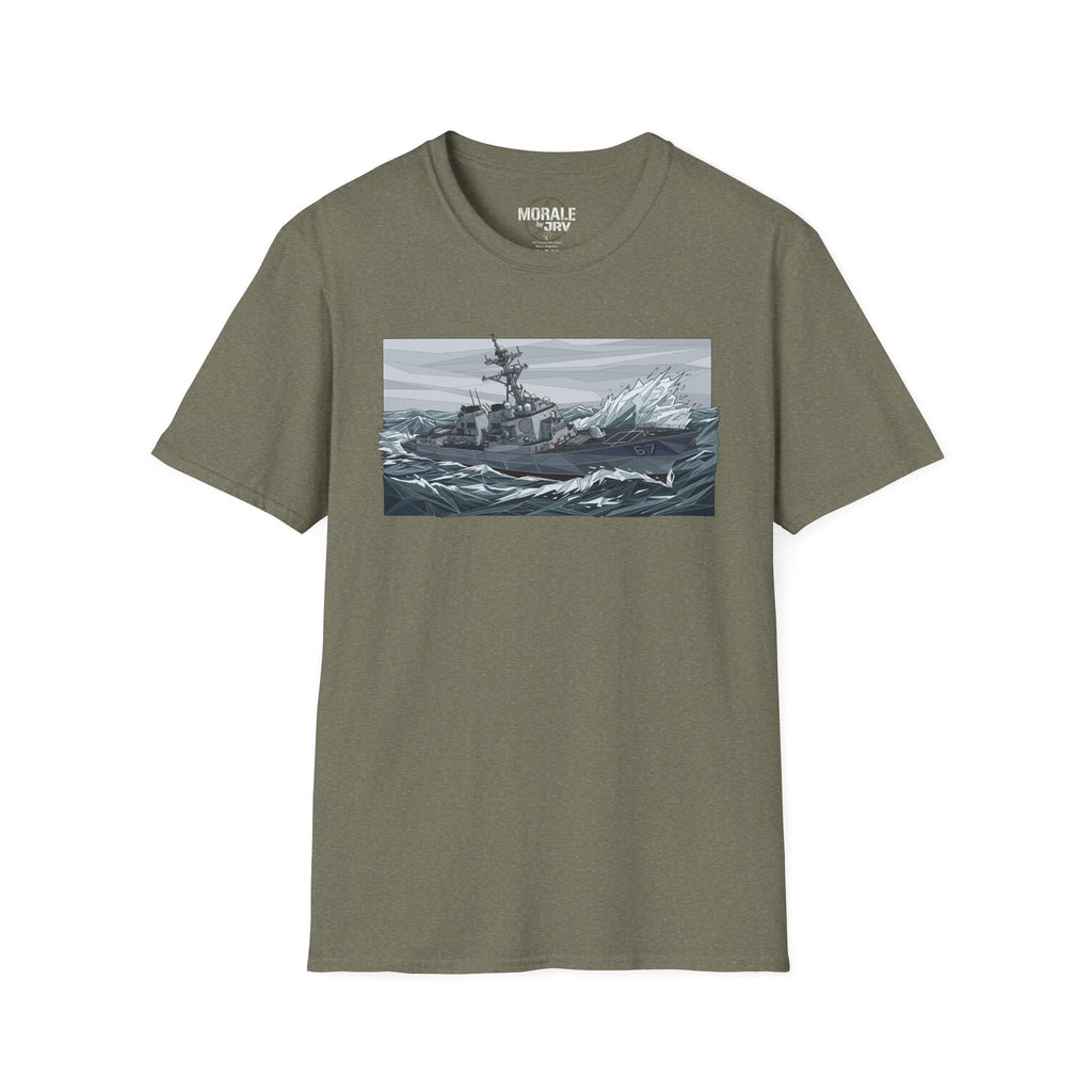 Olive/military green T-shirt with battleship stormy sea graphic on the front