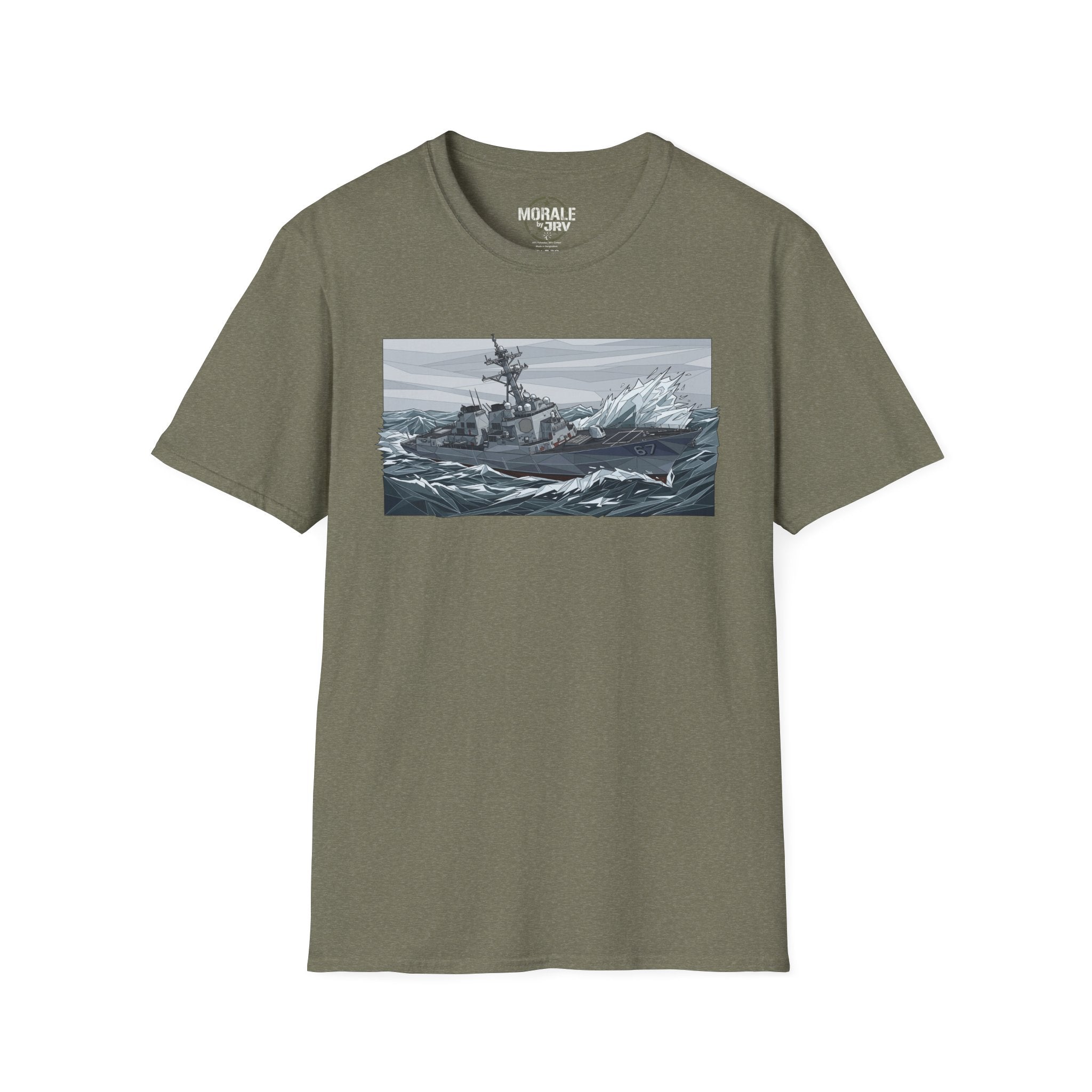 Olive/military green T-shirt with battleship stormy sea graphic on the front