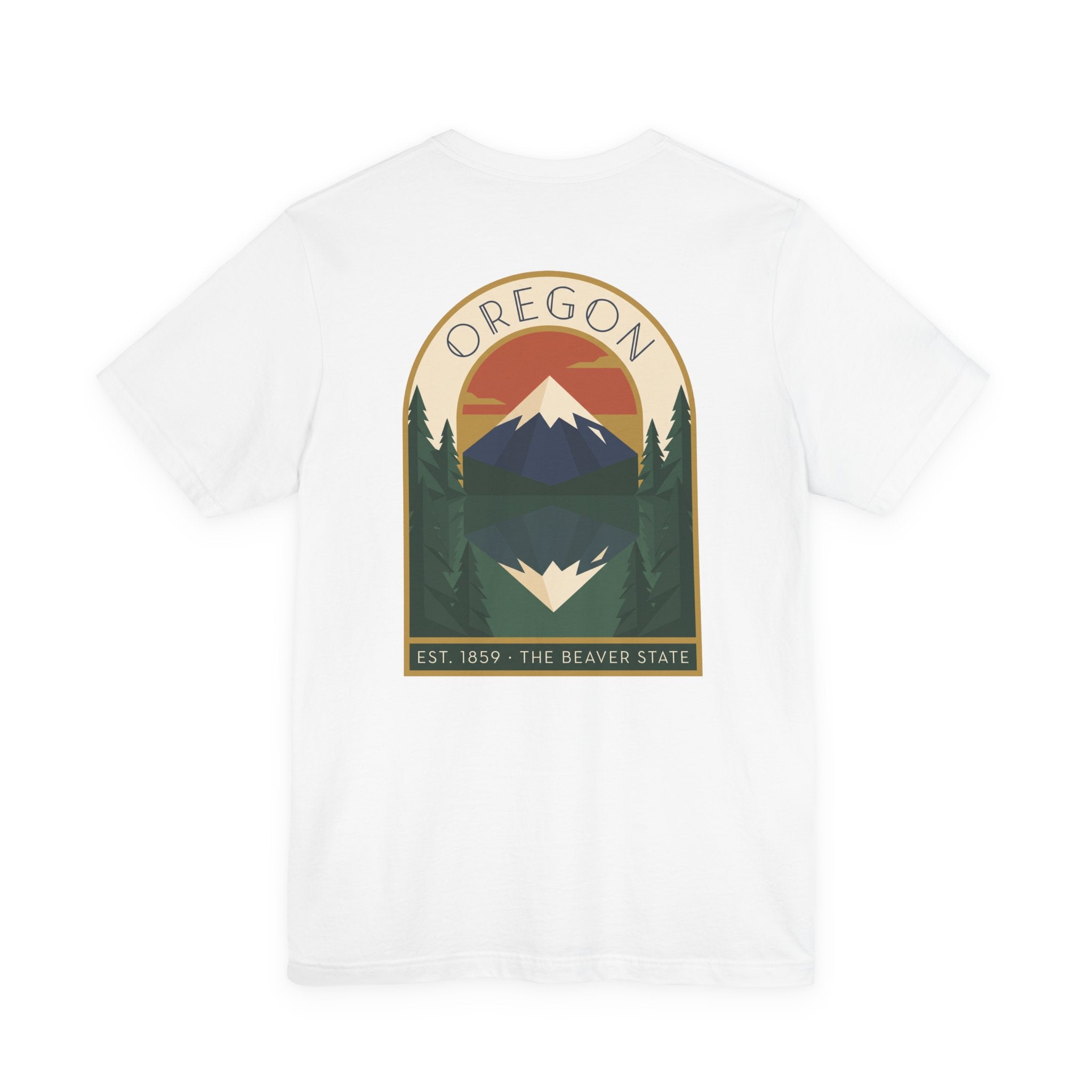 White crewneck T-shirt with large centered Oregon graphic print