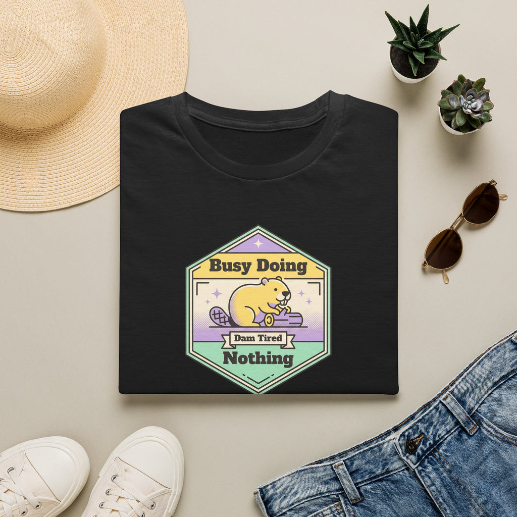 Black crew-neck T-shirt with hex sloth graphic: Busy Doing Nothing