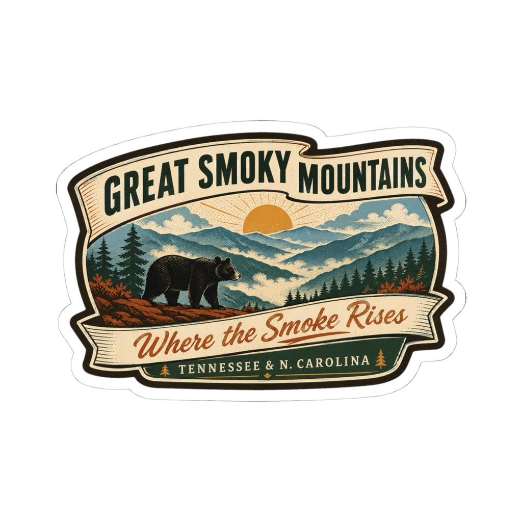 Great Smoky Mountains travel sticker, vintage badge design with bear, sunrise, and “Where the Smoke Rises”
