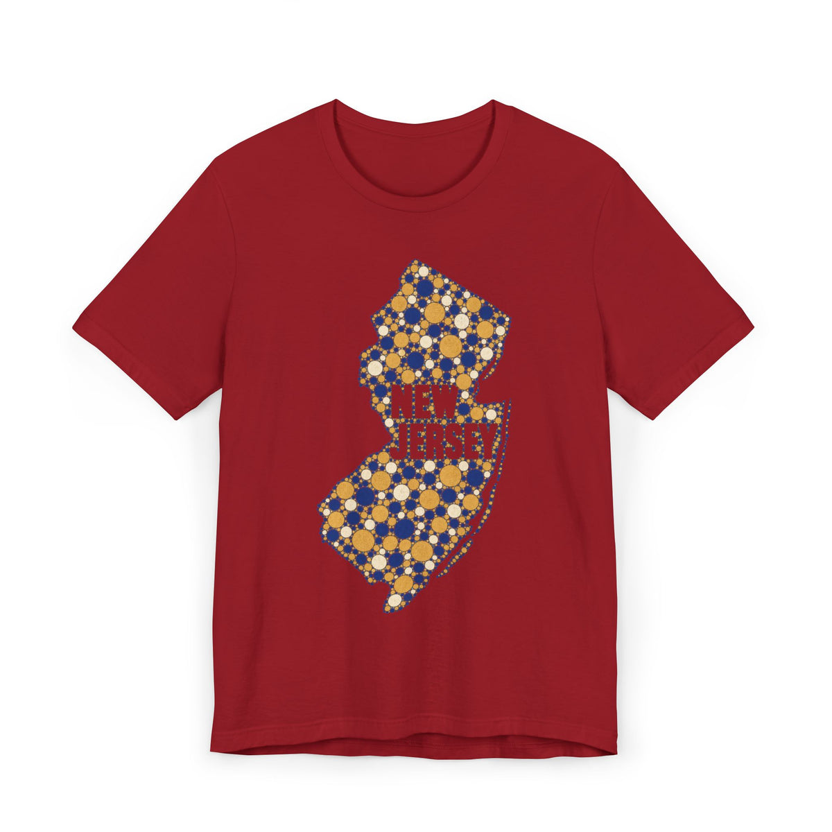 Red t-shirt with colorful floral New Jersey map outline and “New Jersey” text