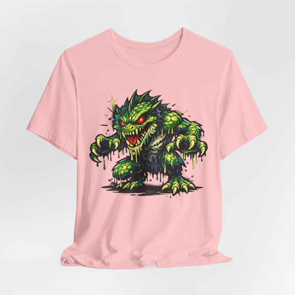 Pink T-shirt featuring a green monster cartoon with dripping slime