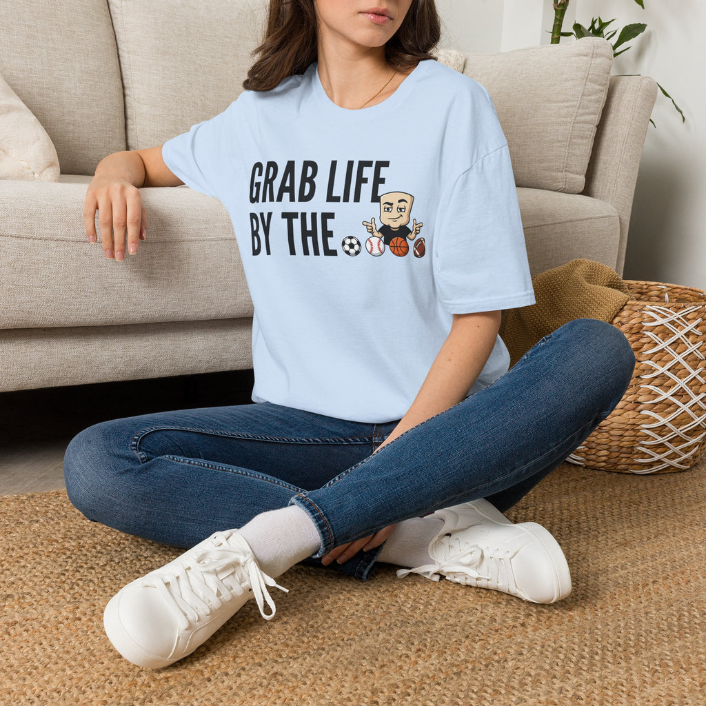 Light blue T-shirt with 'GRAB LIFE BY THE' sports ball graphic
