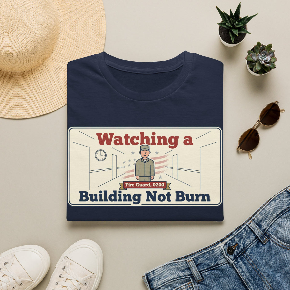 Navy crewneck t-shirt with fire guard “Watching a Building Not Burn” graphic