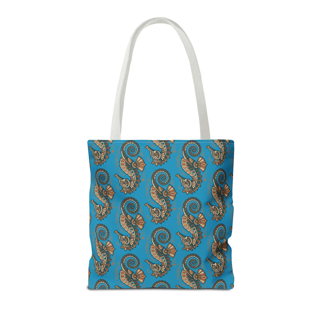 Seahorse pattern tote bag in blue with ornate steampunk seahorses; white handles