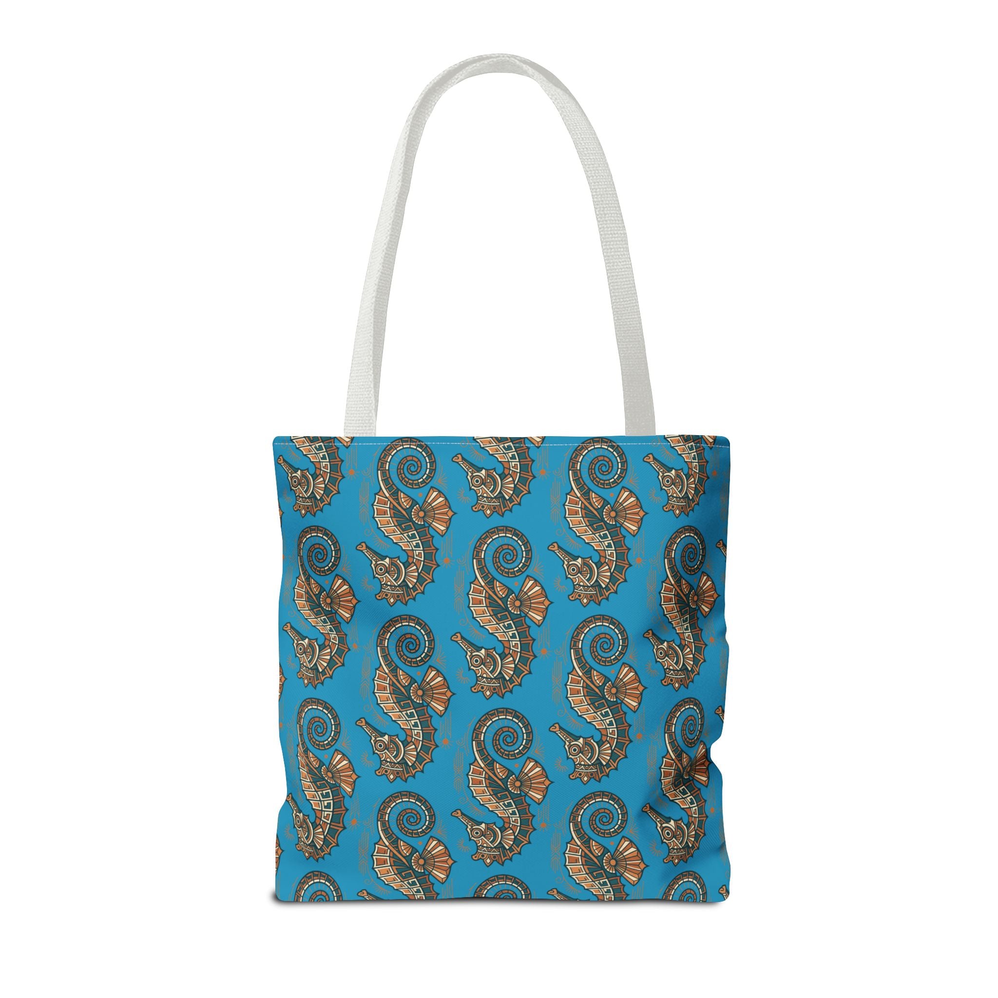 Seahorse pattern tote bag in blue with ornate steampunk seahorses; white handles