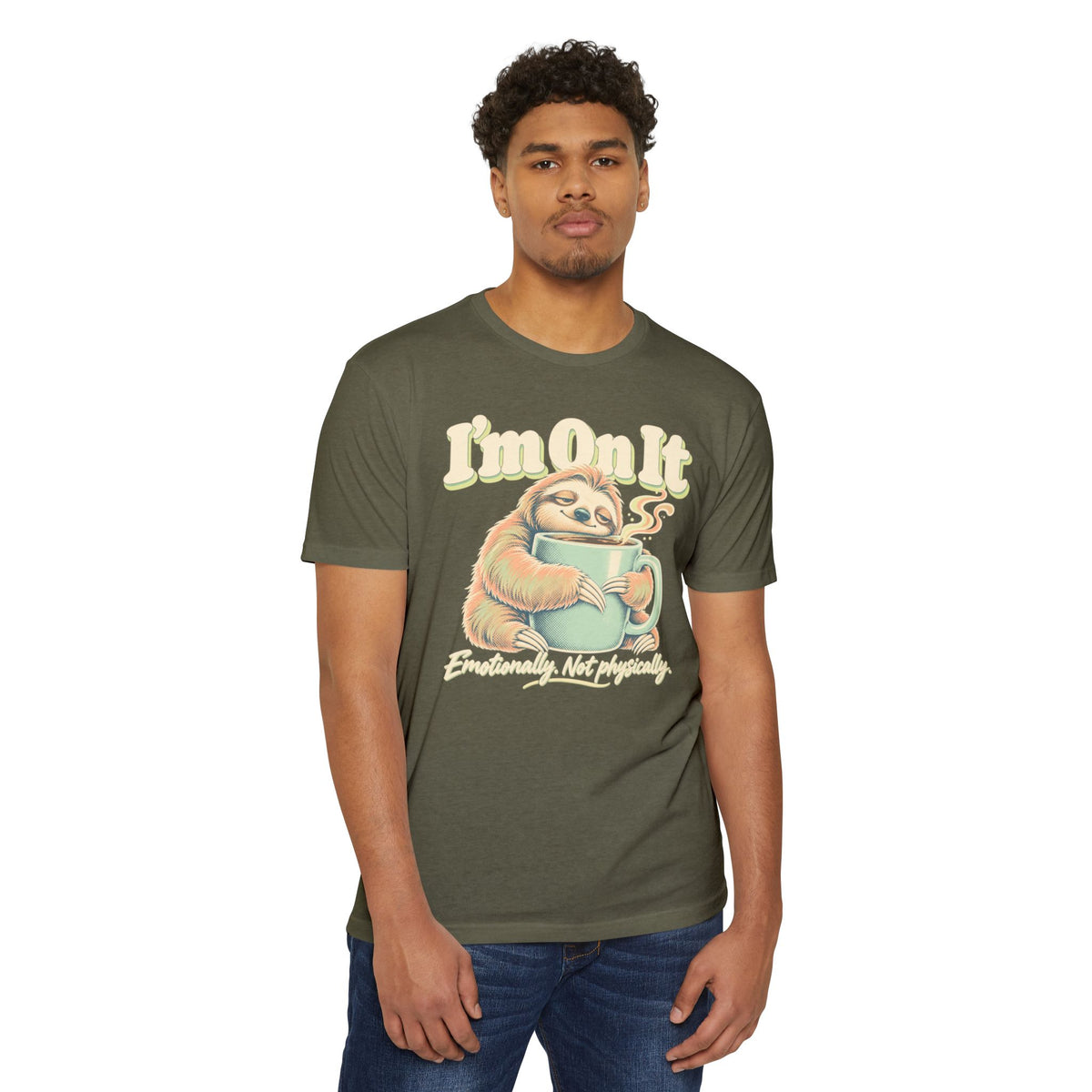 Coffee sloth graphic T-shirt, olive green, worn by model, crew neck short sleeves