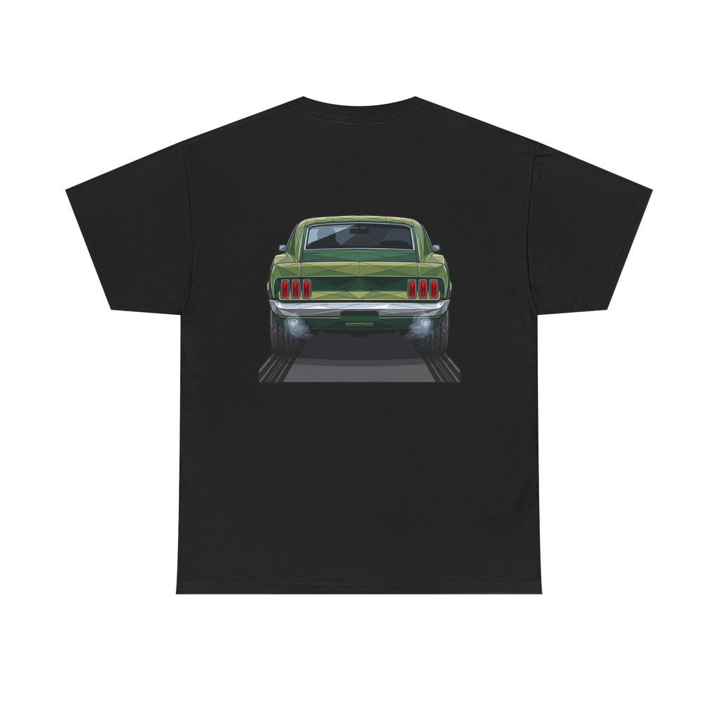 Black muscle car graphic T-shirt with front view illustration on back