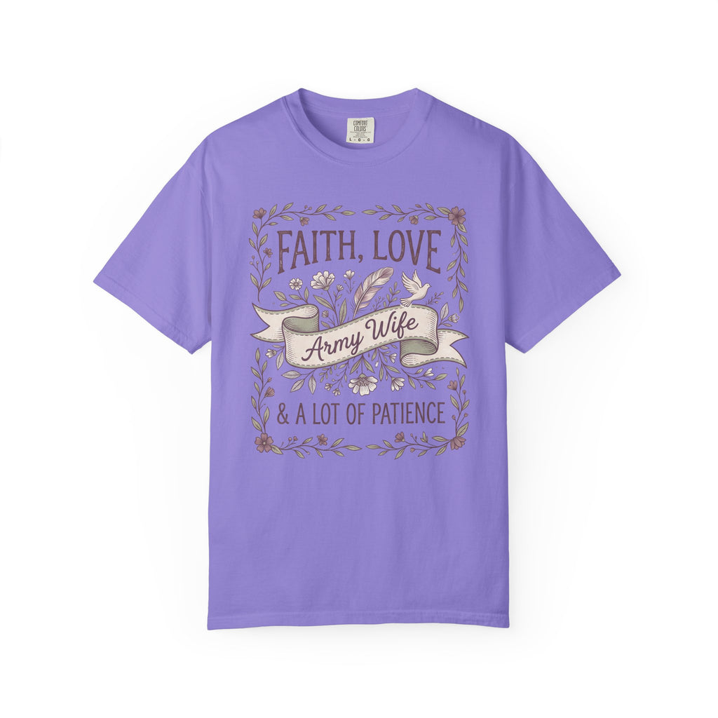 Lavender crewneck T-shirt with floral 'Faith, Love' and 'Army Wife' ribbon graphic.