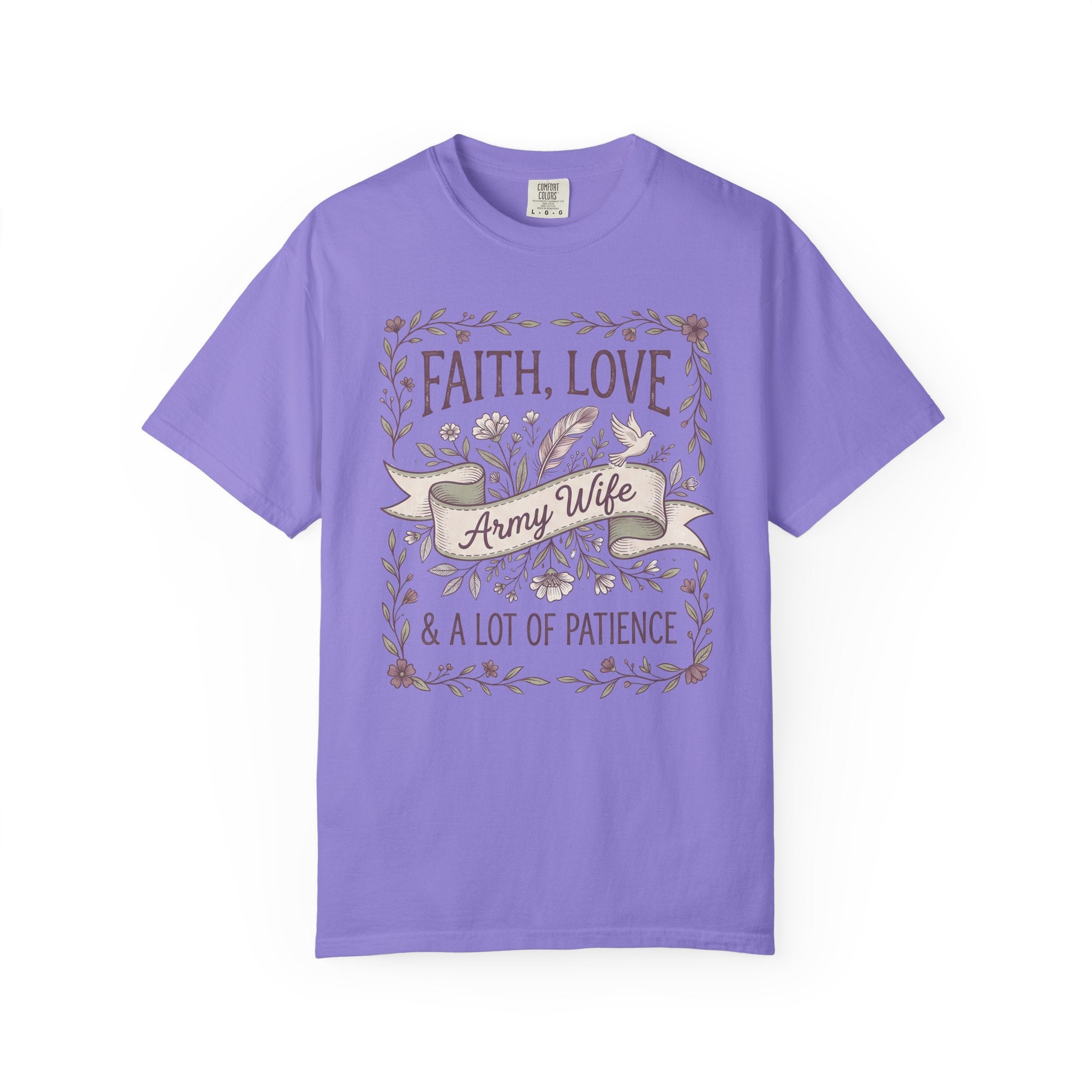 Lavender crewneck T-shirt with floral 'Faith, Love' and 'Army Wife' ribbon graphic.