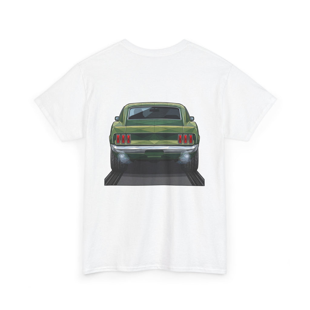 White muscle car graphic T-shirt with front view illustration on back