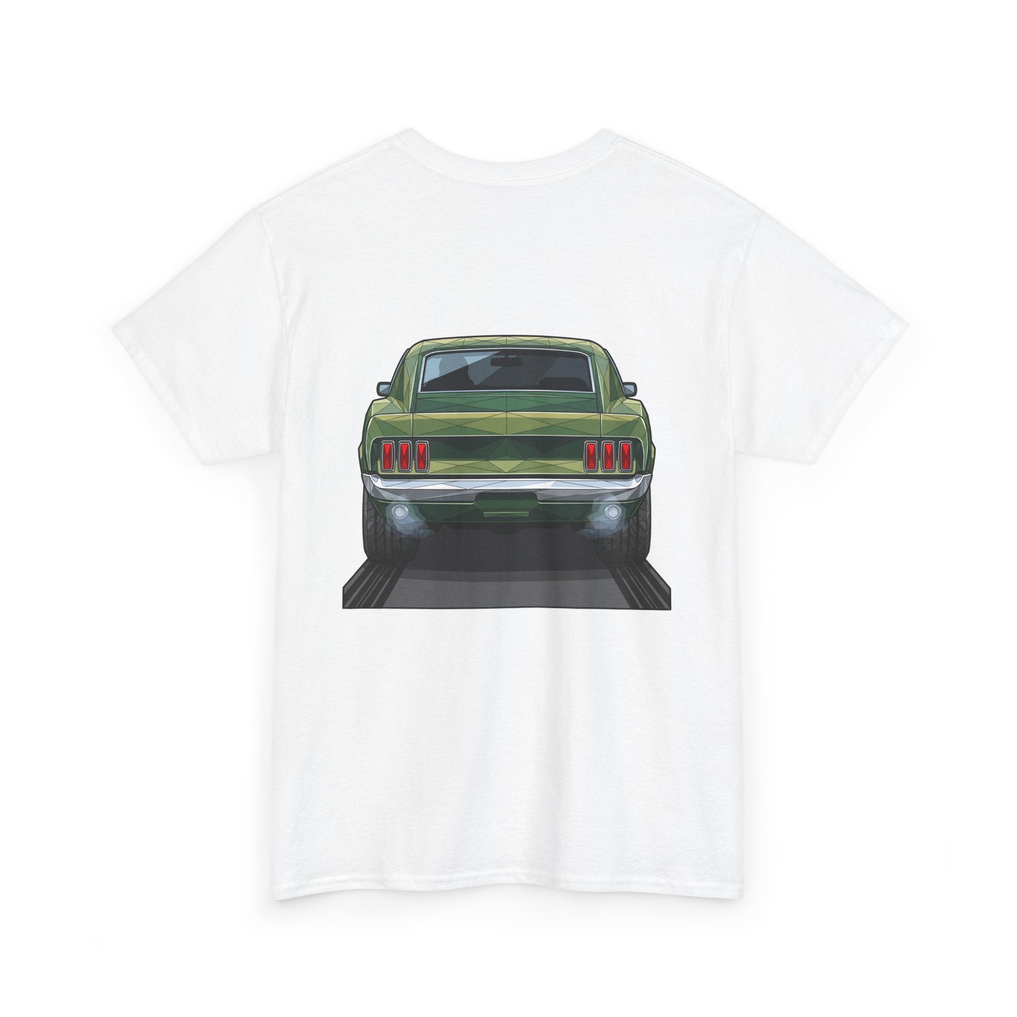 White muscle car graphic T-shirt with front view illustration on back