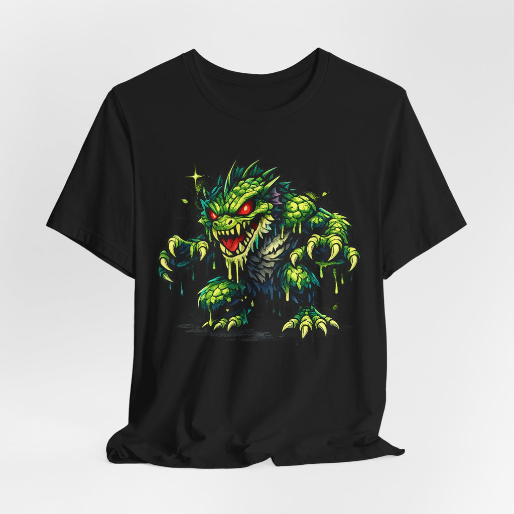 Black monster illustration graphic t-shirt, short-sleeve crew neck with green horror creature