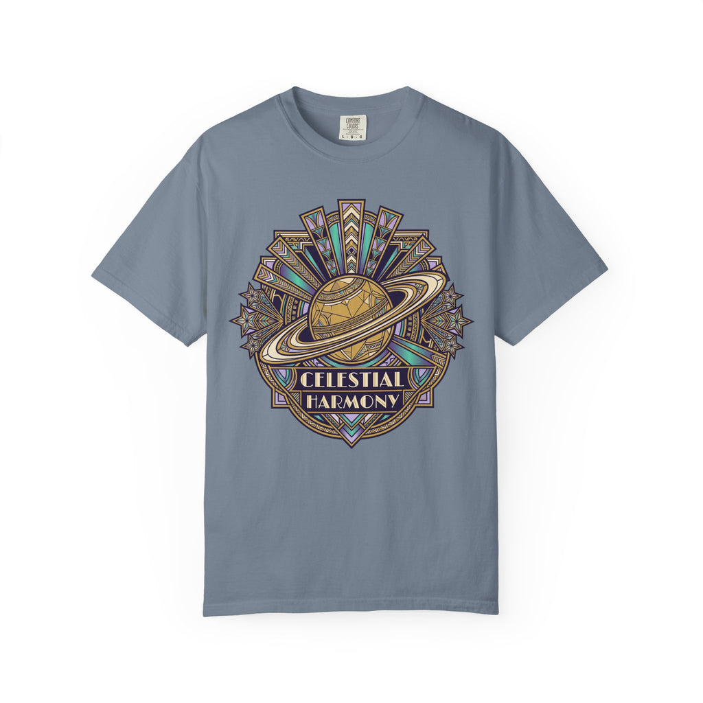 Steel blue crewneck T-shirt with Saturn-like celestial graphic on the chest