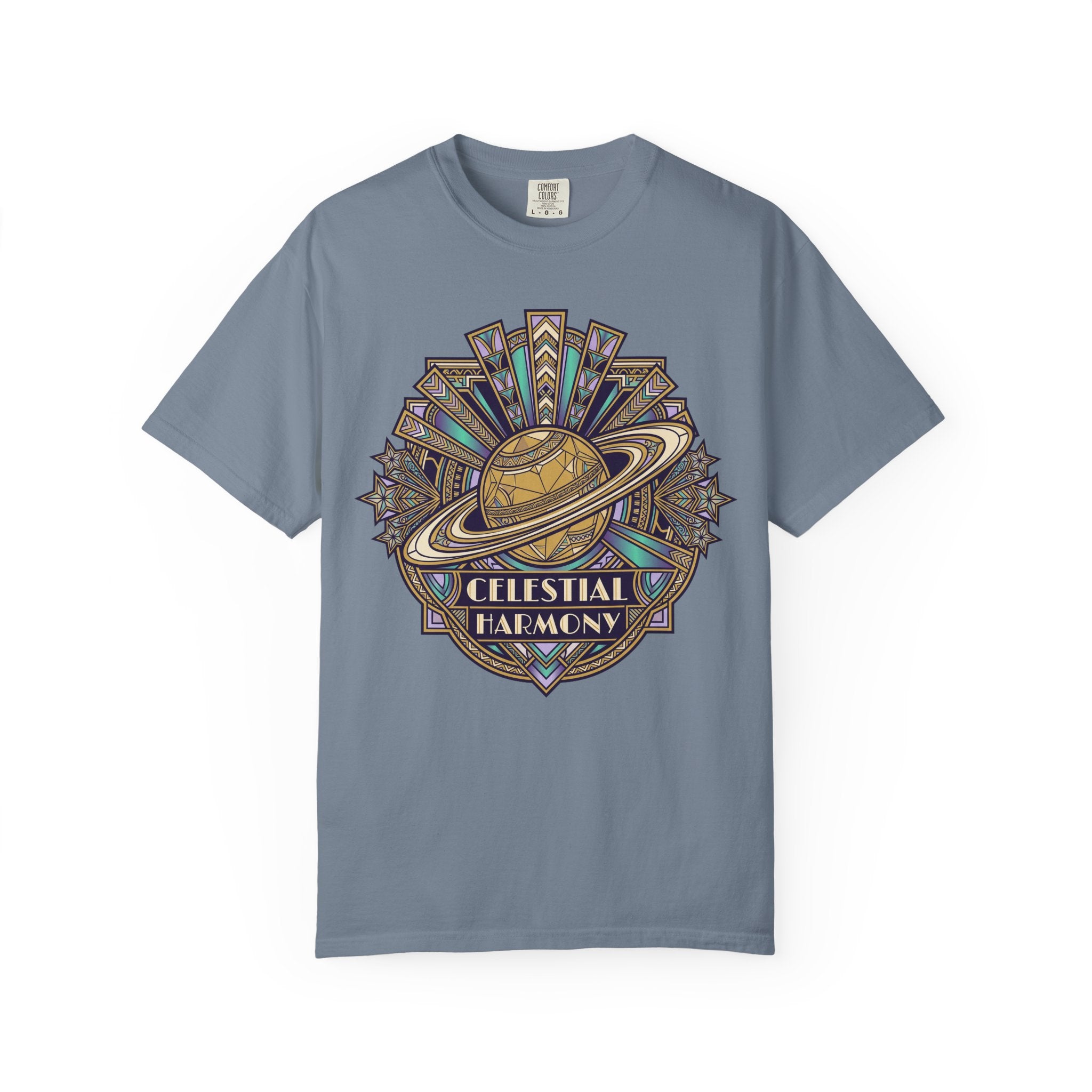 Steel blue crewneck T-shirt with Saturn-like celestial graphic on the chest