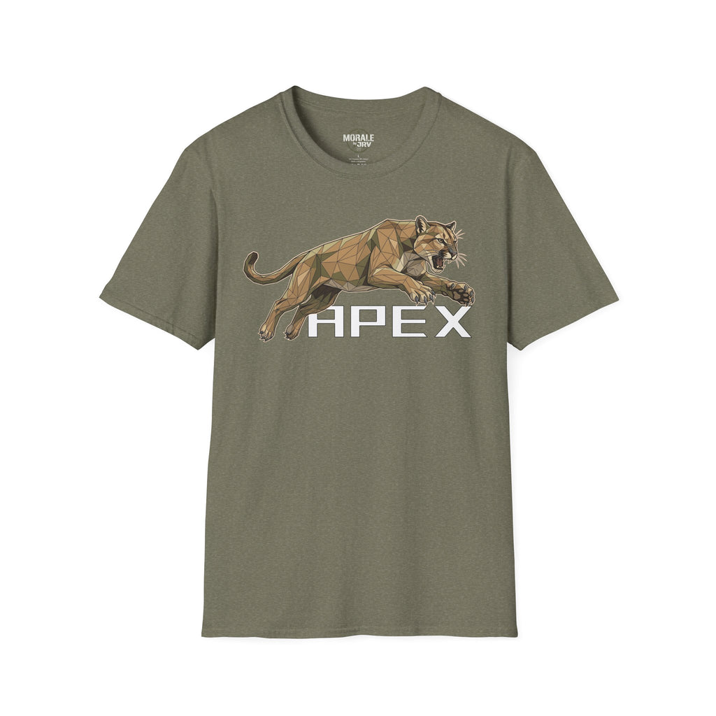 Leaping Cougar graphic T-shirt, military green, polygon cougar design with HPEX
