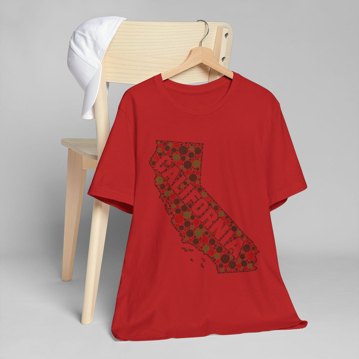 Red crewneck t-shirt with red floral California outline graphic