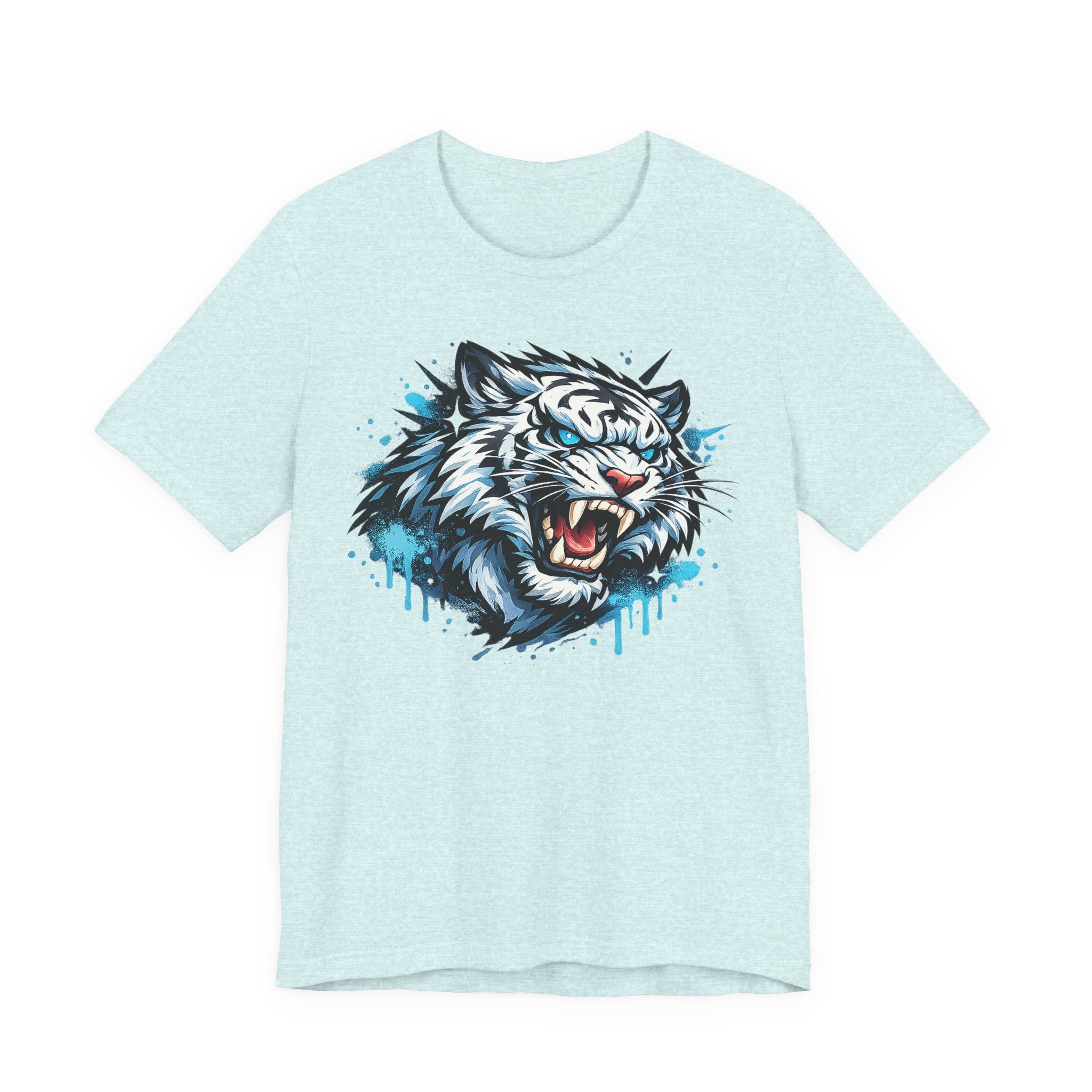Light blue unisex t-shirt with roaring tiger head graphic and blue drip print